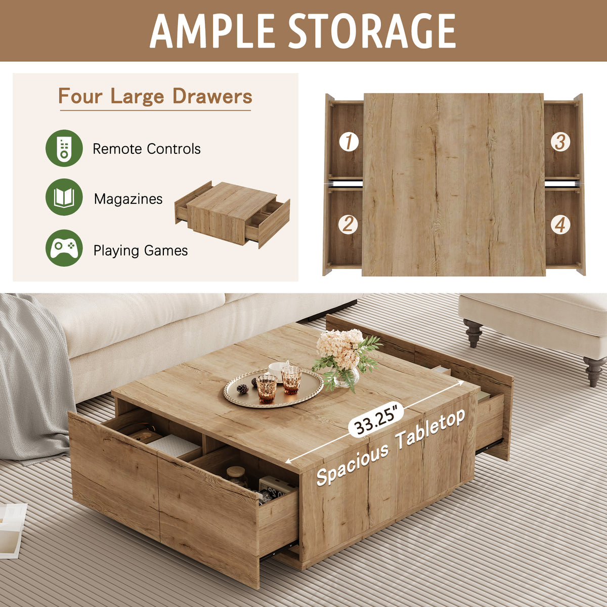 Square Coffee Table with 4 Drawers, 33.25-Inch, Natural