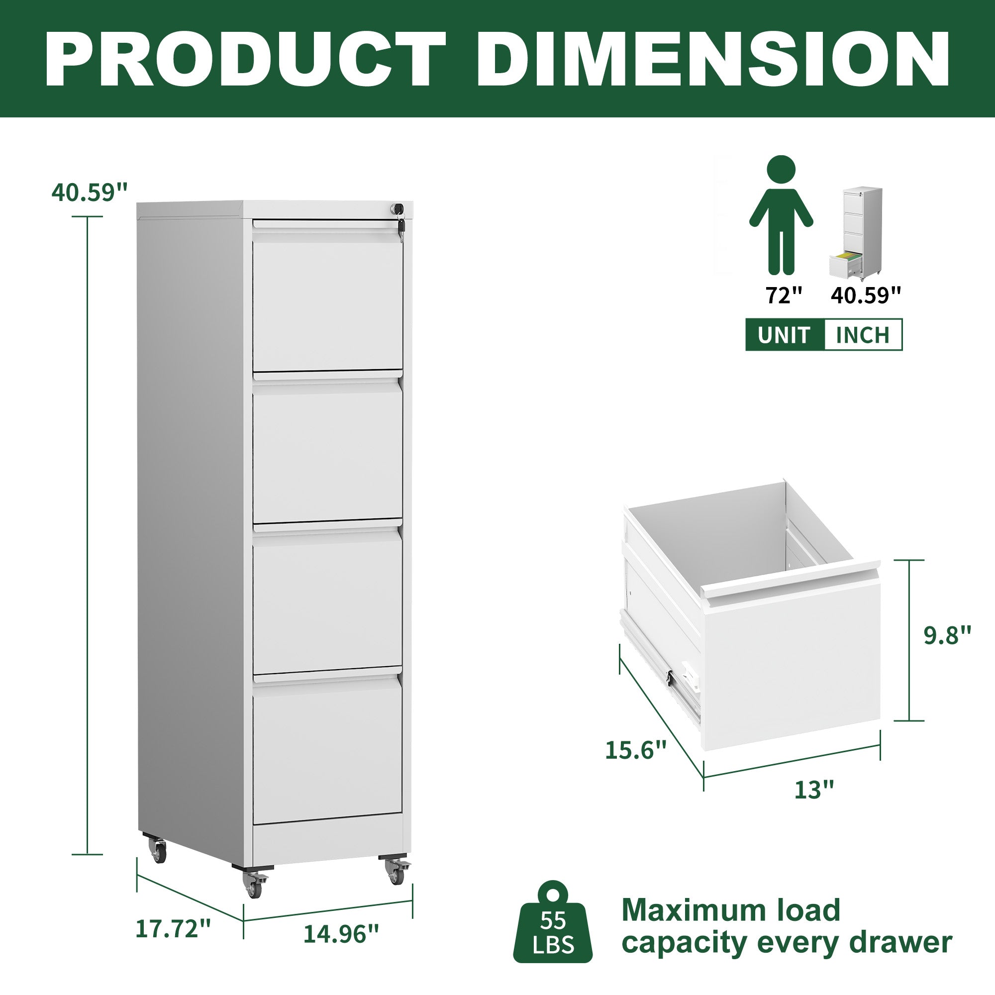 4 Drawer Metal Locking Vertical File Cabinet on Wheels