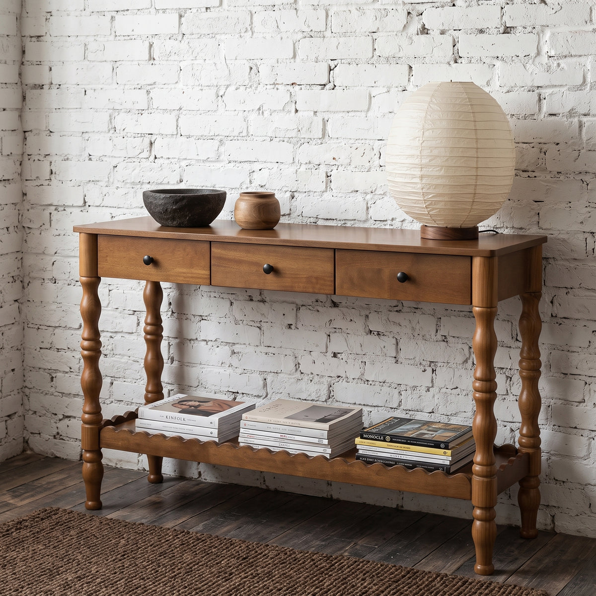 47.2'' Solid Wood Console Table for Entryway,2-Tier Wooden Sofa Table Behind Couch with Vintage Carved Wood Legs,Entryway Table with 3 Drawers and for Decorative Storage Options