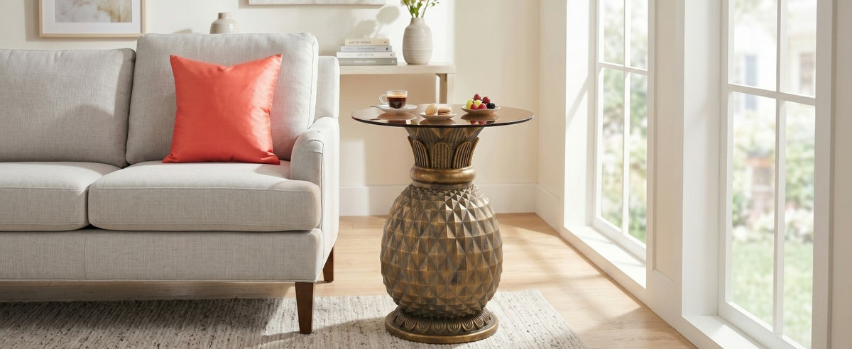 Yellow Pineapple Side Table with Tempered Glass Top, 19.69-Inch