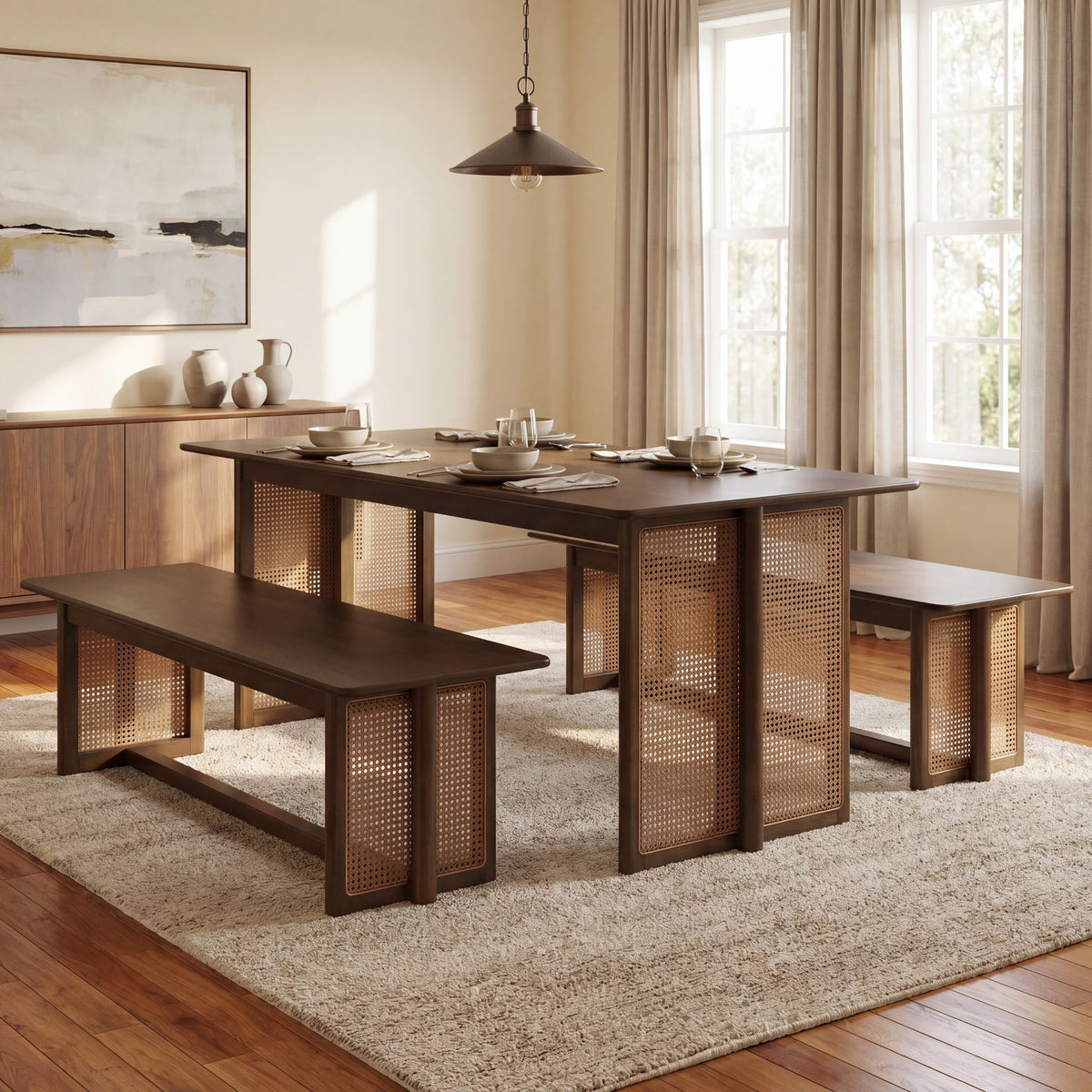 Walnut-Colored Rubber Wood Dining Set with Plastic Rattan – 1 Table + 2 Benches
