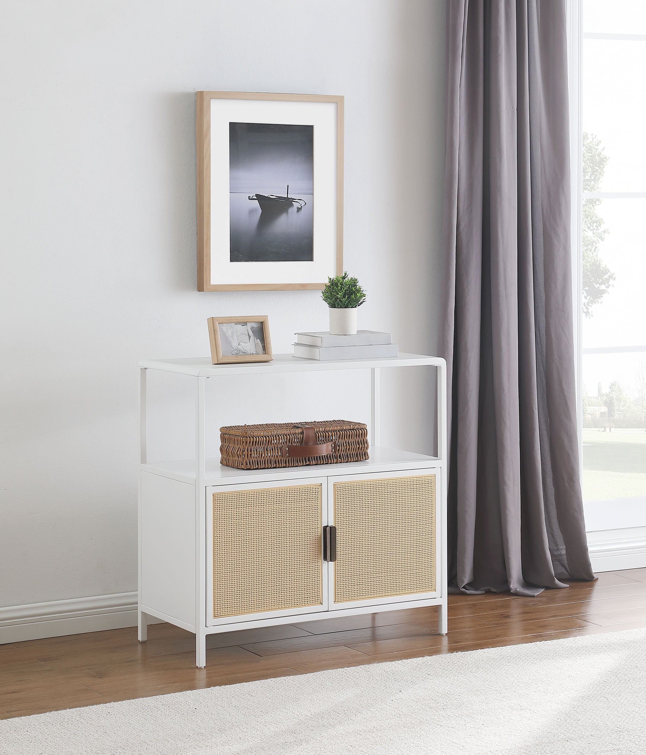 Amherst 2-door Radio Weave Cane Metal Accent Cabinet White-