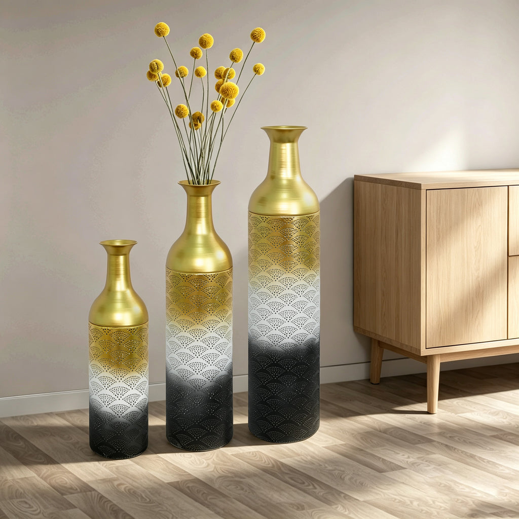 Decorative Metal Vases Set of 3, Leaf Pattern Floor Vases