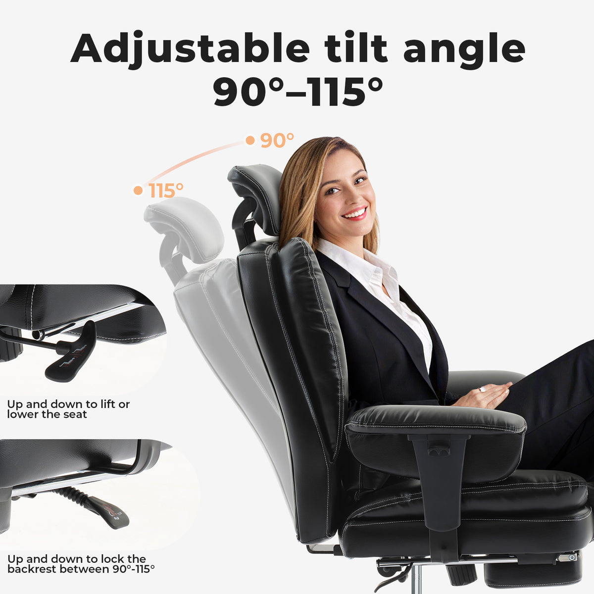 Ergonomic Office Chair, Black PU Leather, High Back with Lumbar Support