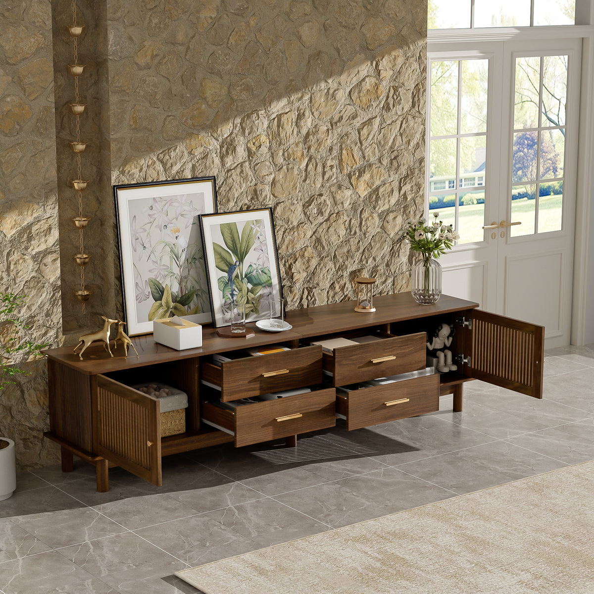 78-Inch TV Stand for 85-Inch TVs, Mid-Century Modern with Slatted Doors and Drawers, Walnut