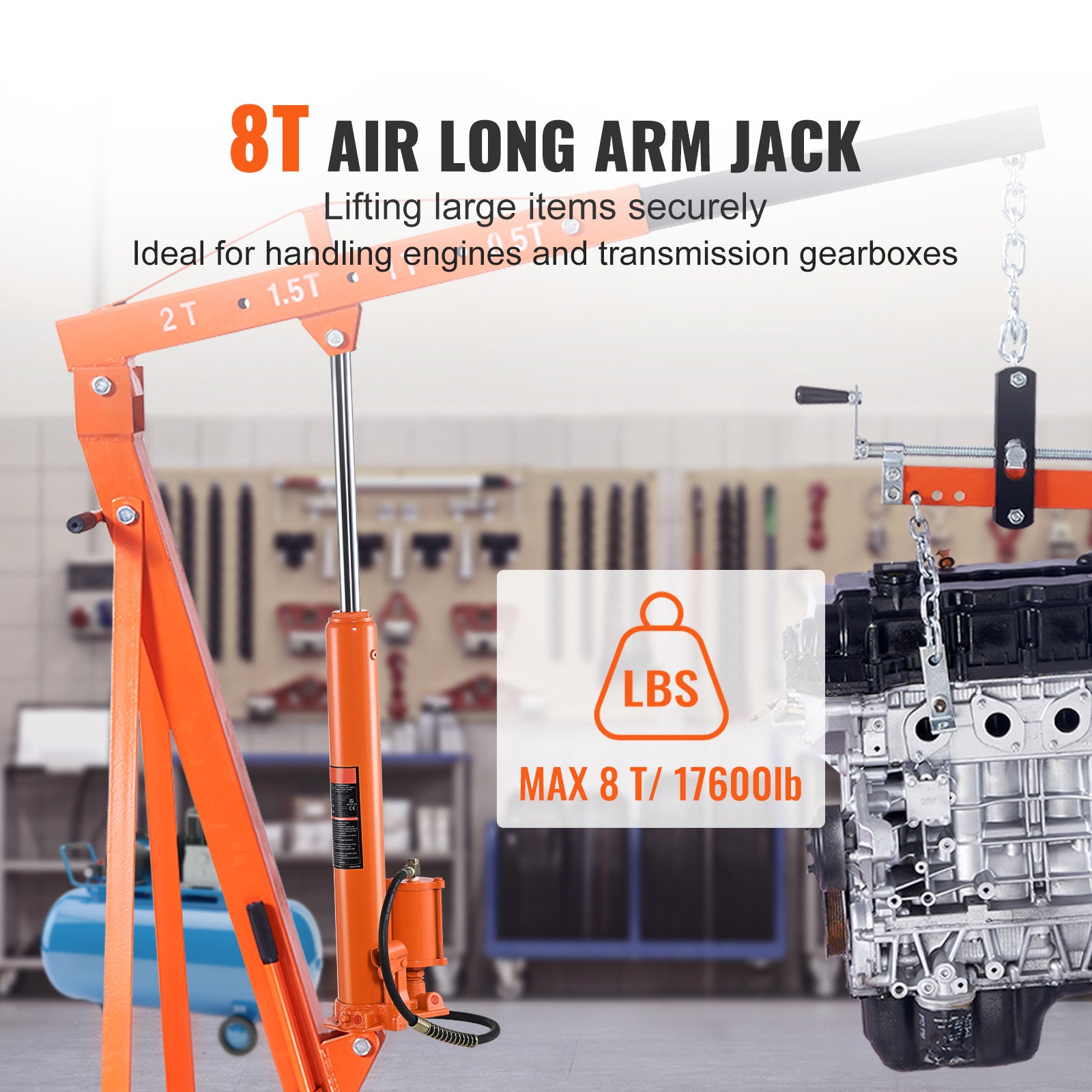 Hydraulic Long Ram Jack, 8 Ton Engine Hoist