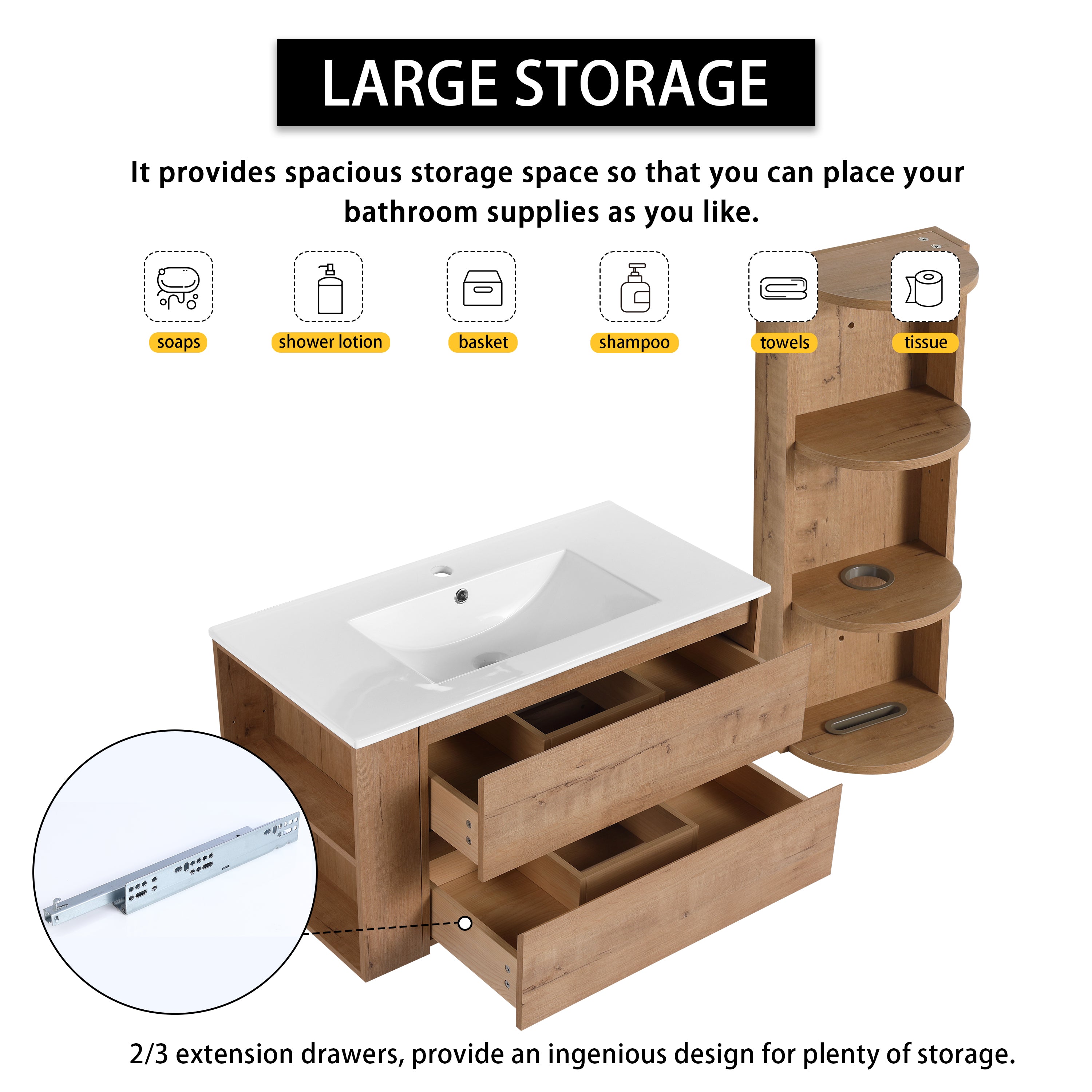 36" Wall-Mounted Bathroom Vanity With Sink and Storage Rack