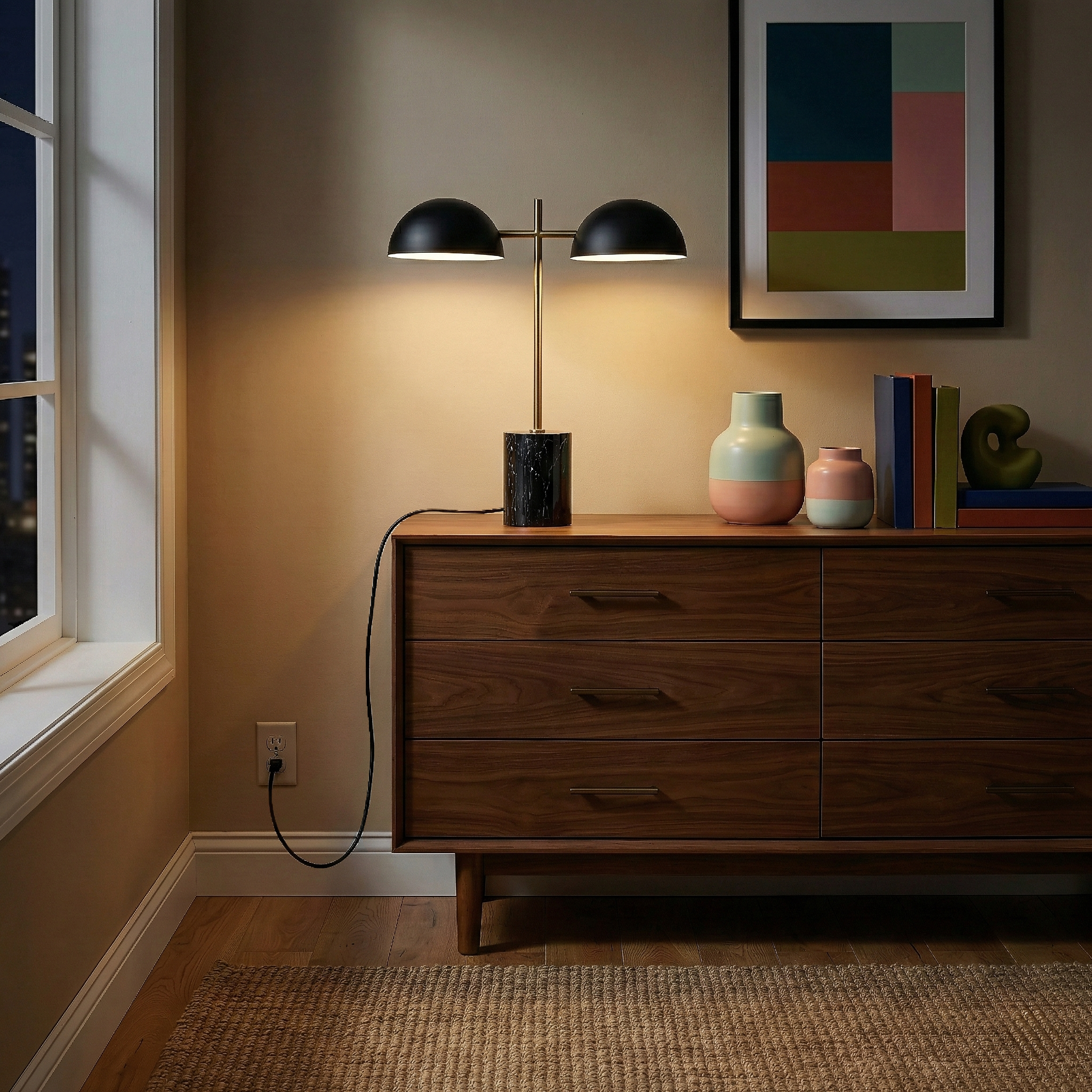Black Table Lamp with On/Off Switch and Faux Marble Base