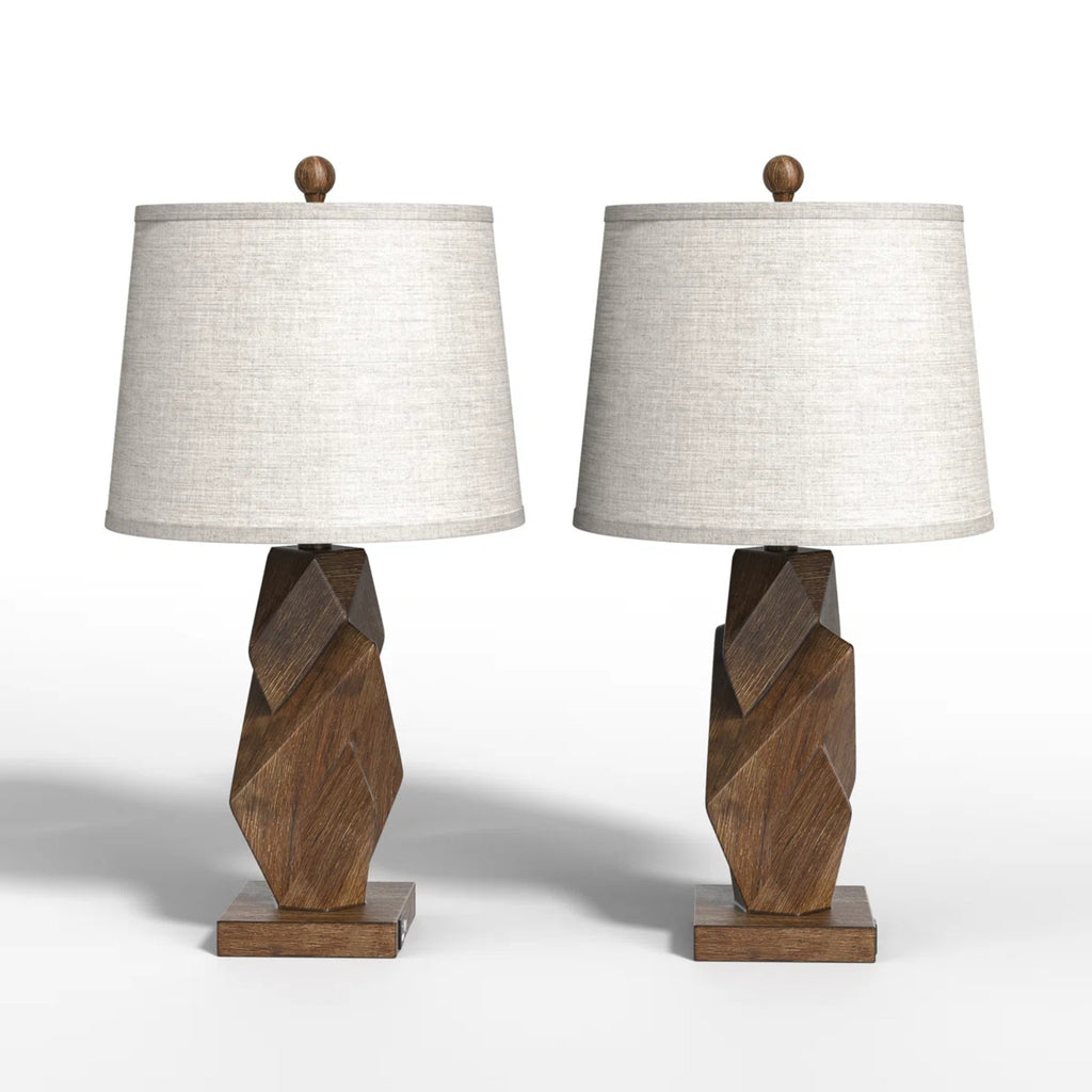 Farmhouse Table Lamps Set of 2, 24.5-Inch, Wood Grain Resin, USB Charging Ports