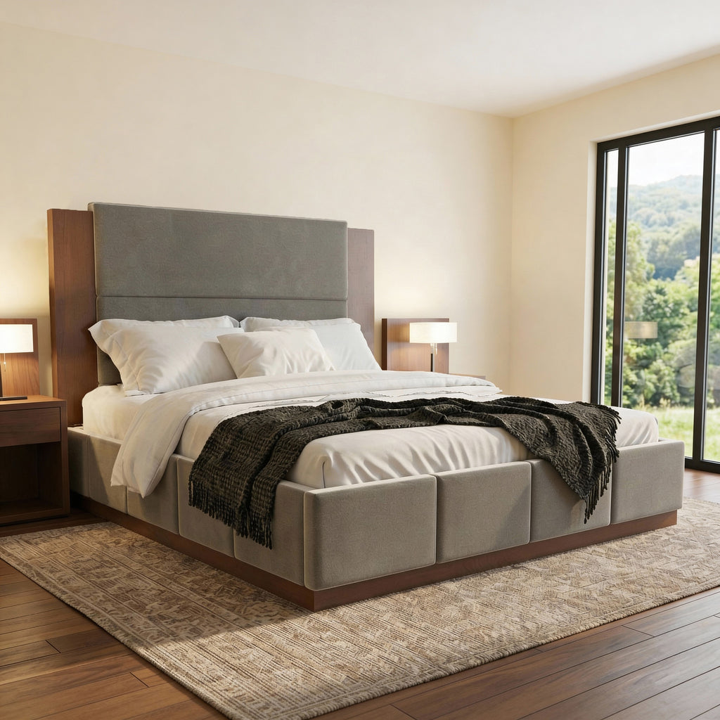 Upholstered Platform Bed Frame With Extended Wood Headboard