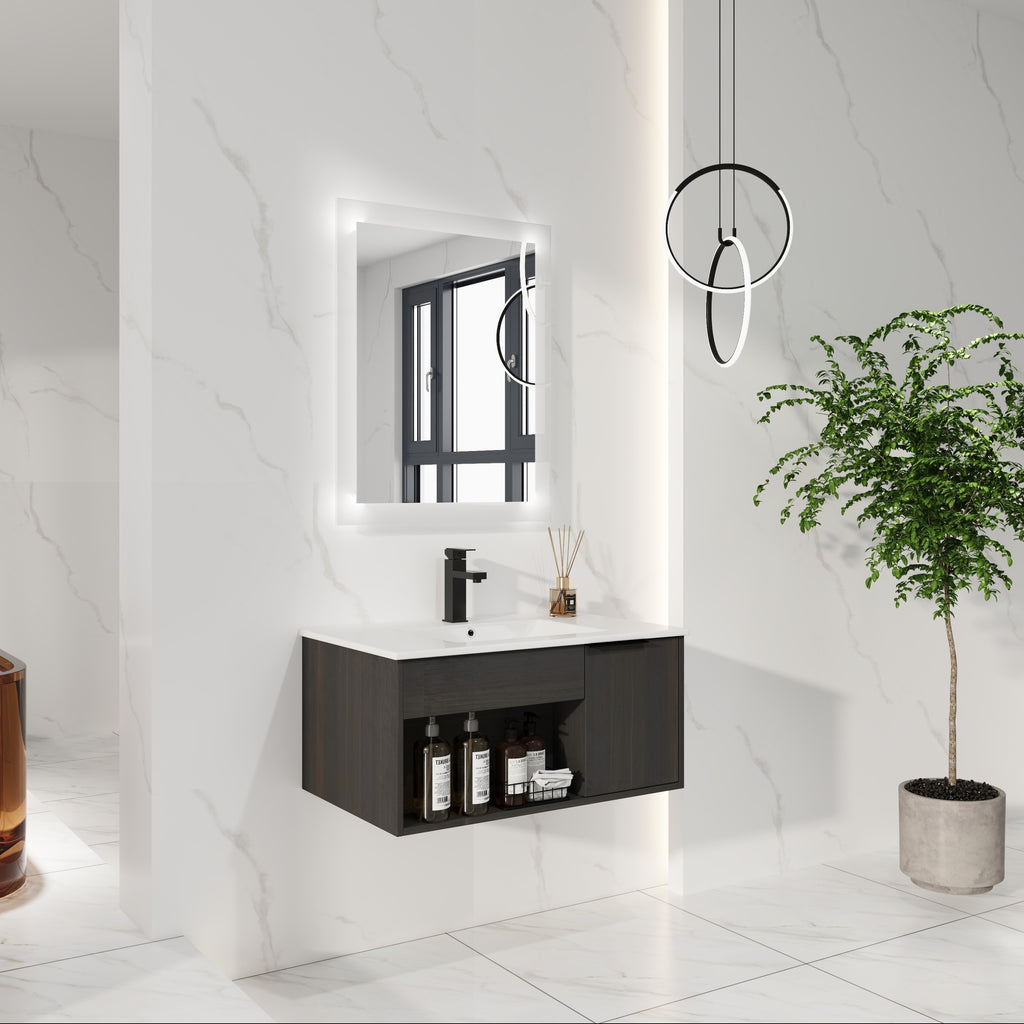 30" Wall-Mounted Floating Bathroom Vanity with Ceramic Sink – Modern Dark