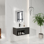 30" Wall-Mounted Floating Bathroom Vanity with Ceramic Sink – Modern Dark