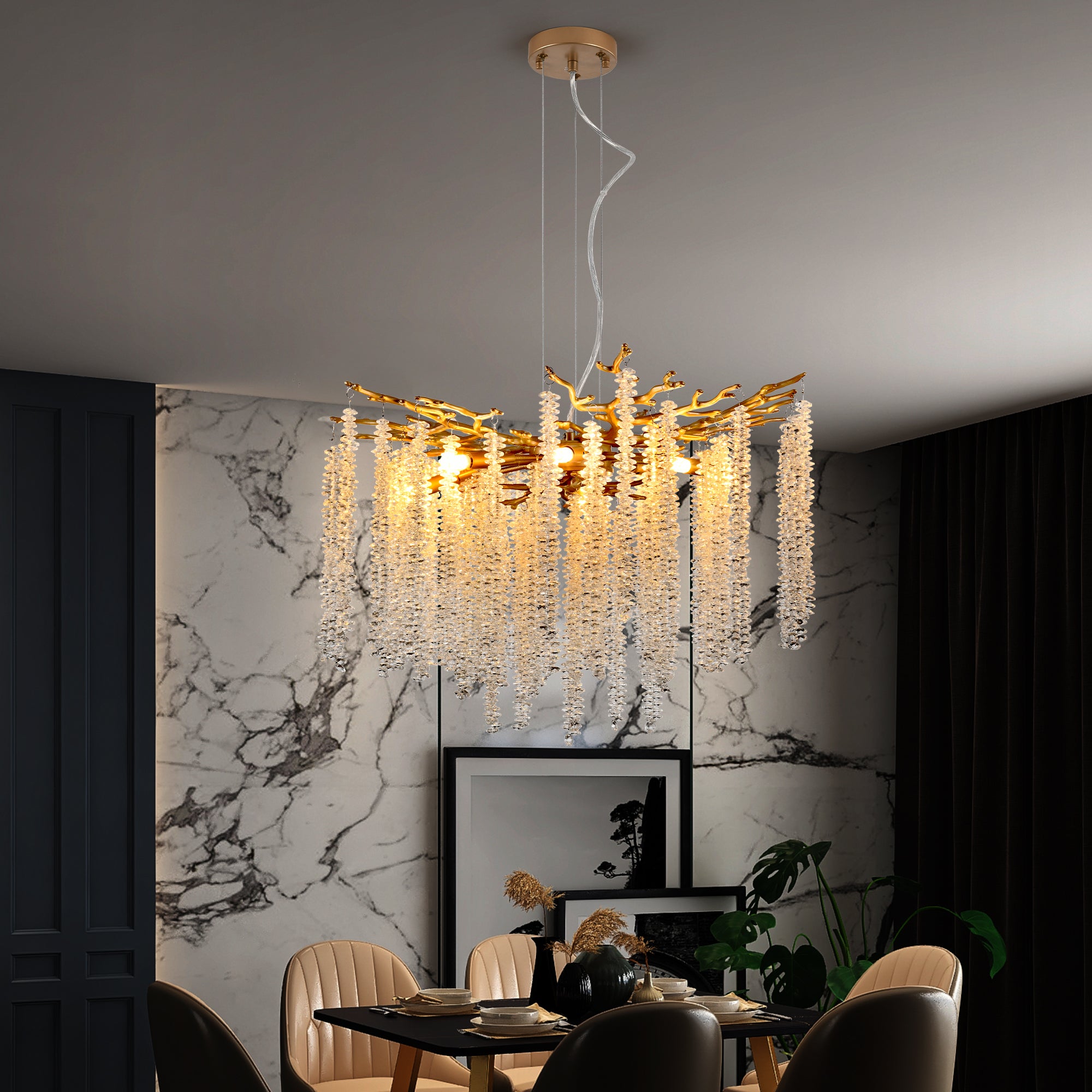 24-Inch Modern Golden Pendant Light with Cascading Crystal Strands