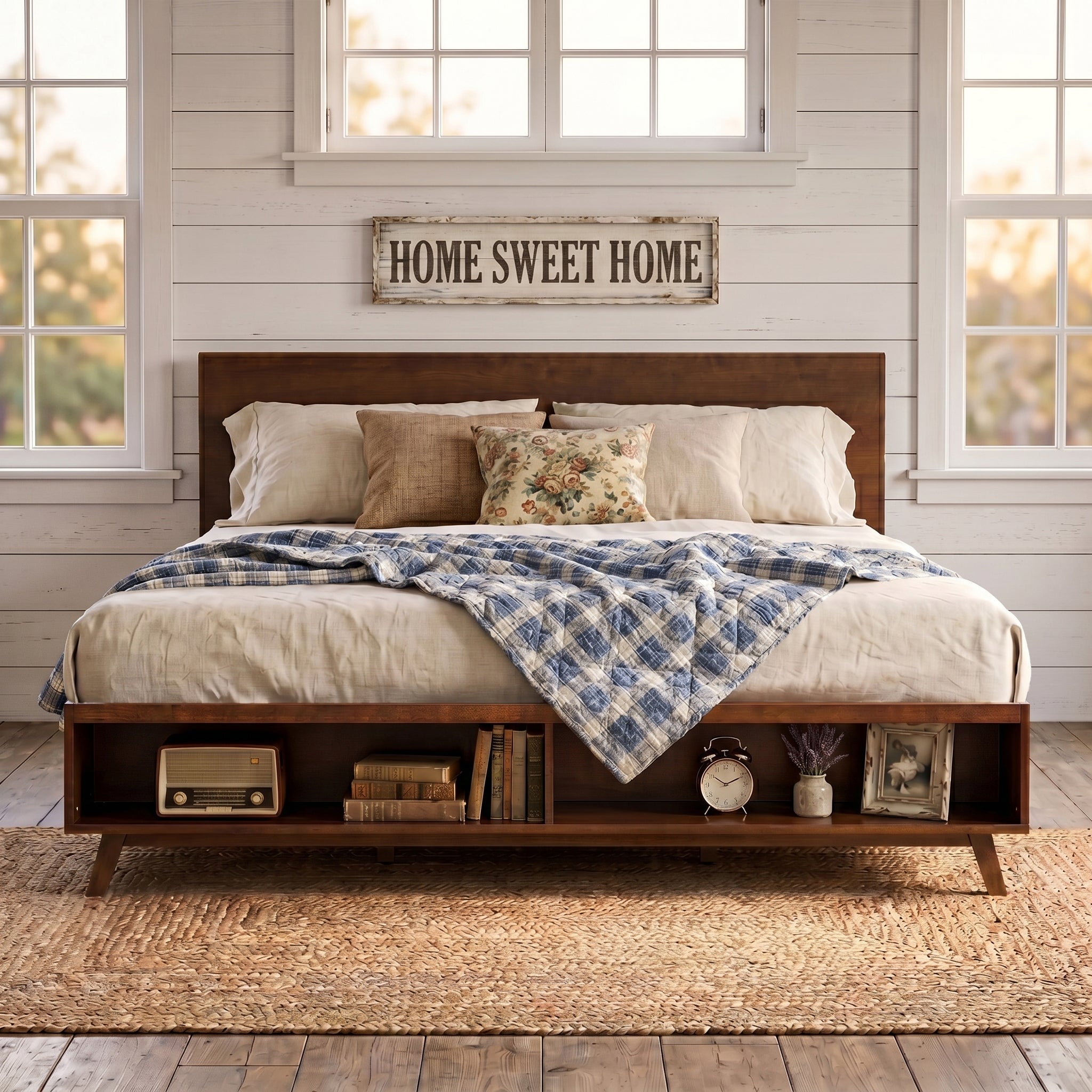 Walnut King Size Platform Bed Frame with Footboard Storage