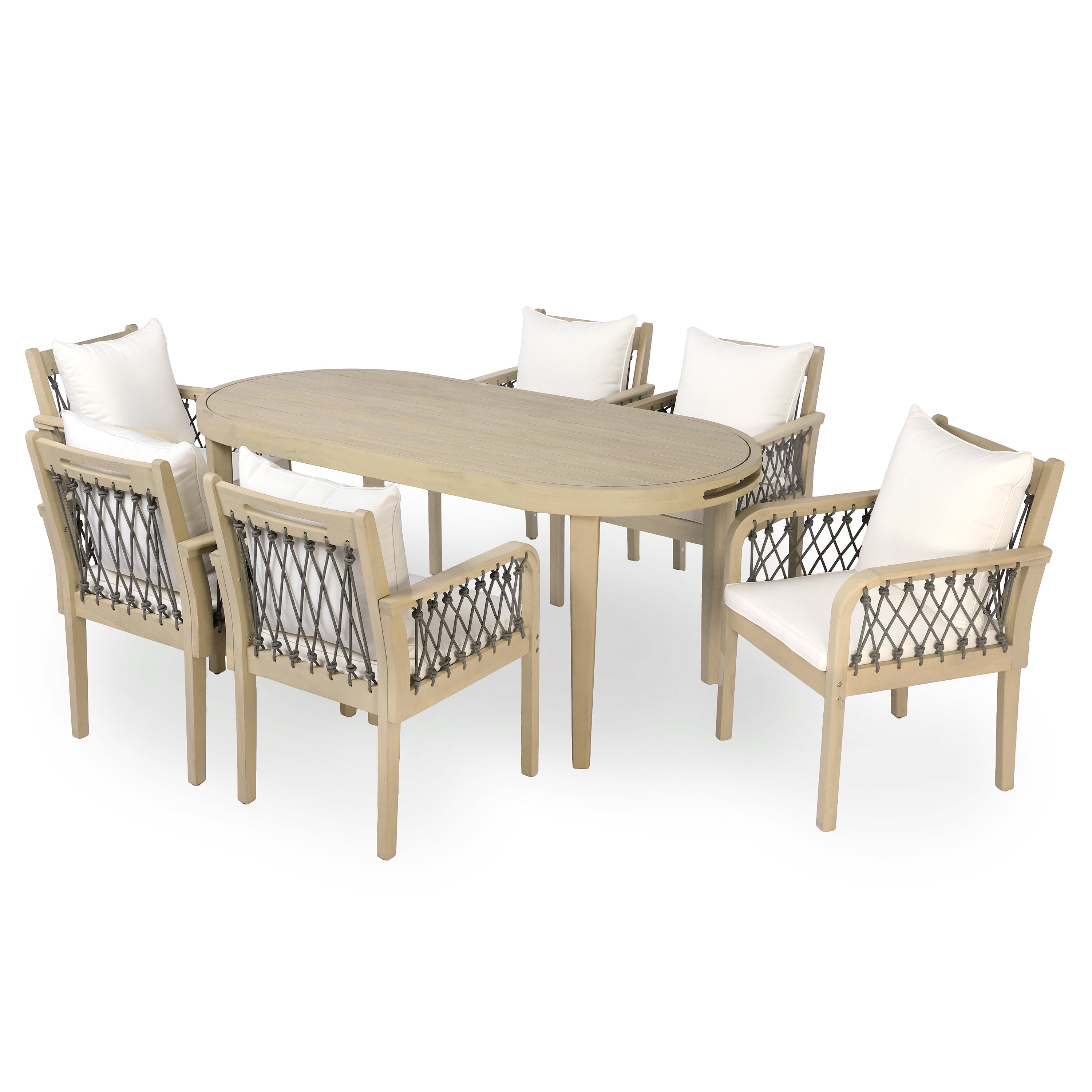 7-Piece Outdoor Acacia Wood Dining Set with Rope-Woven Armchairs