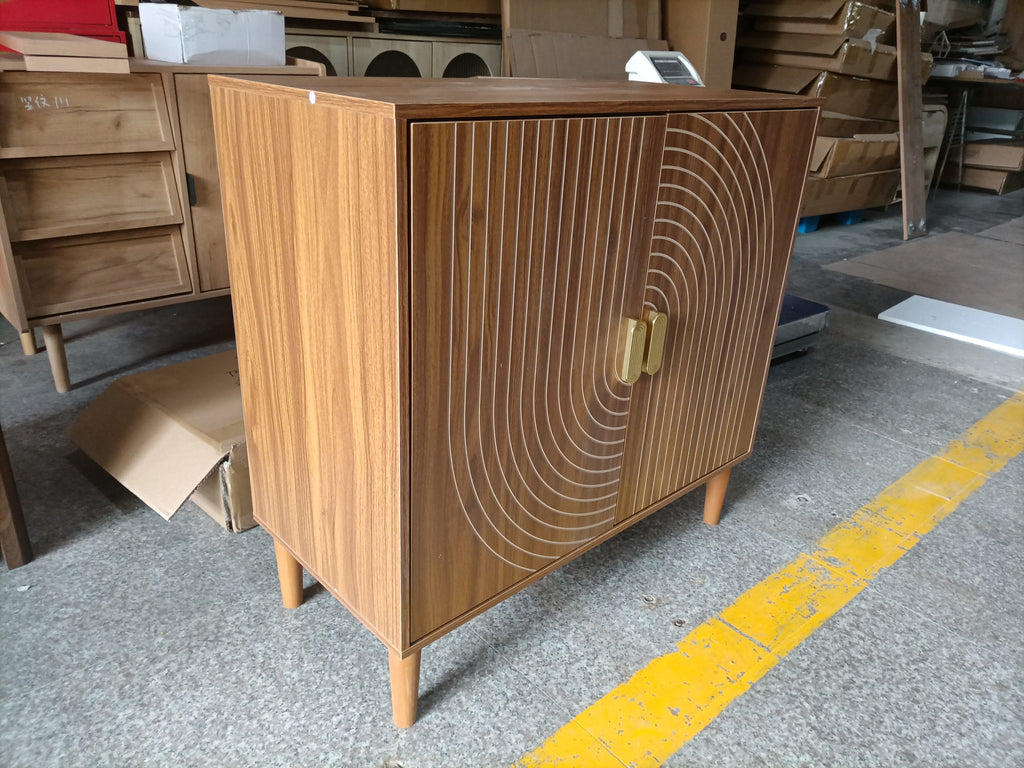Walnut Wood Buffet Cabinet with Line Groove Design