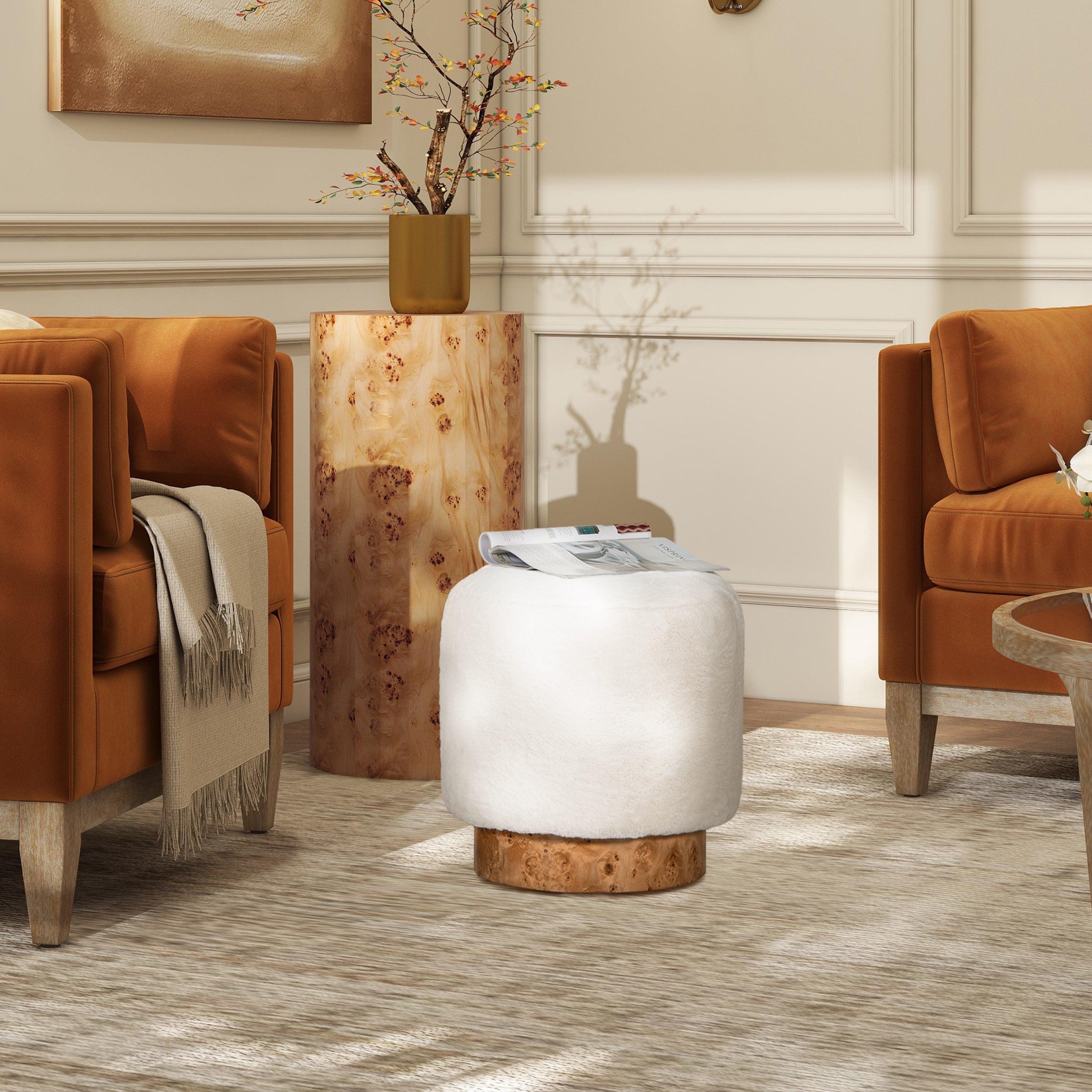 Tilly 16.5" Round Fur Upholstered & Burl Pouf Ottoman