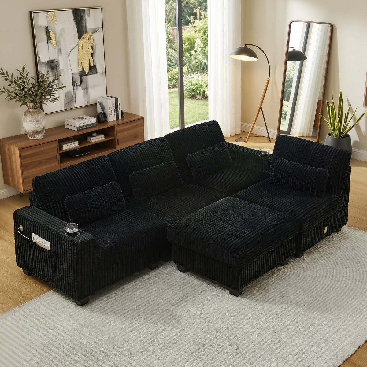 L-Shaped Corduroy Modular Sectional Sofa with Detachable Footrest