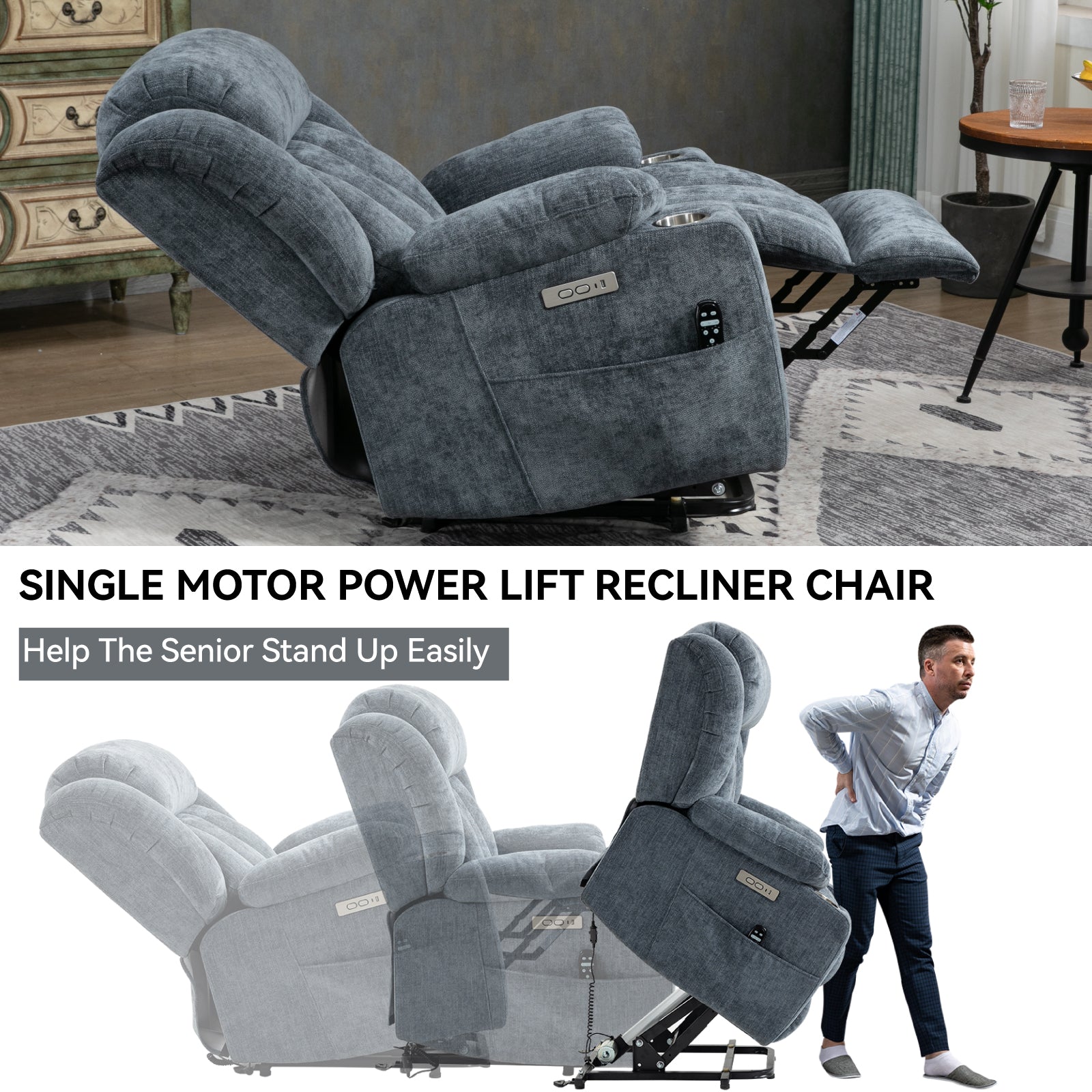 Up To 350 LBS Chenille Power Lift Recliner Chair