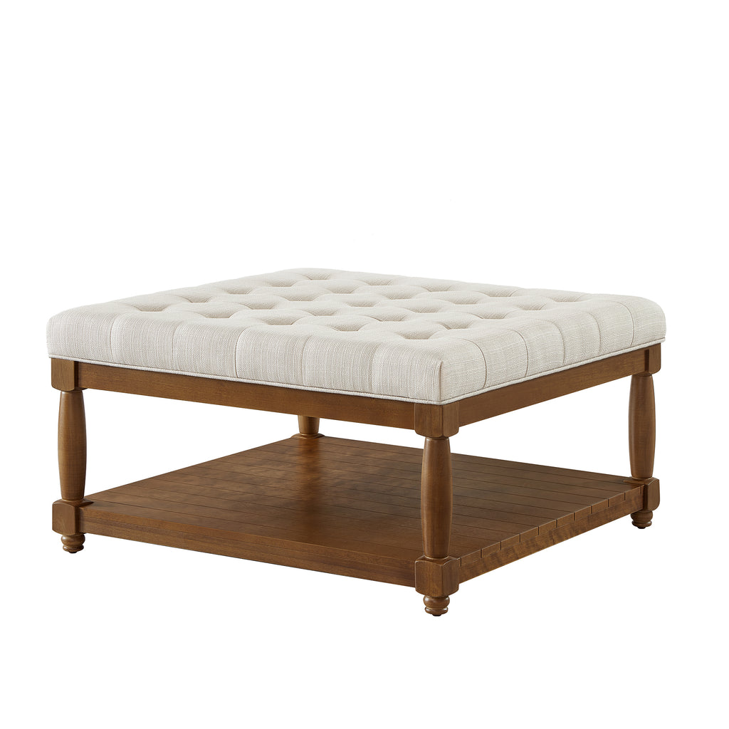 Large Square Upholstered Tufted Linen Ottoman, Ivory