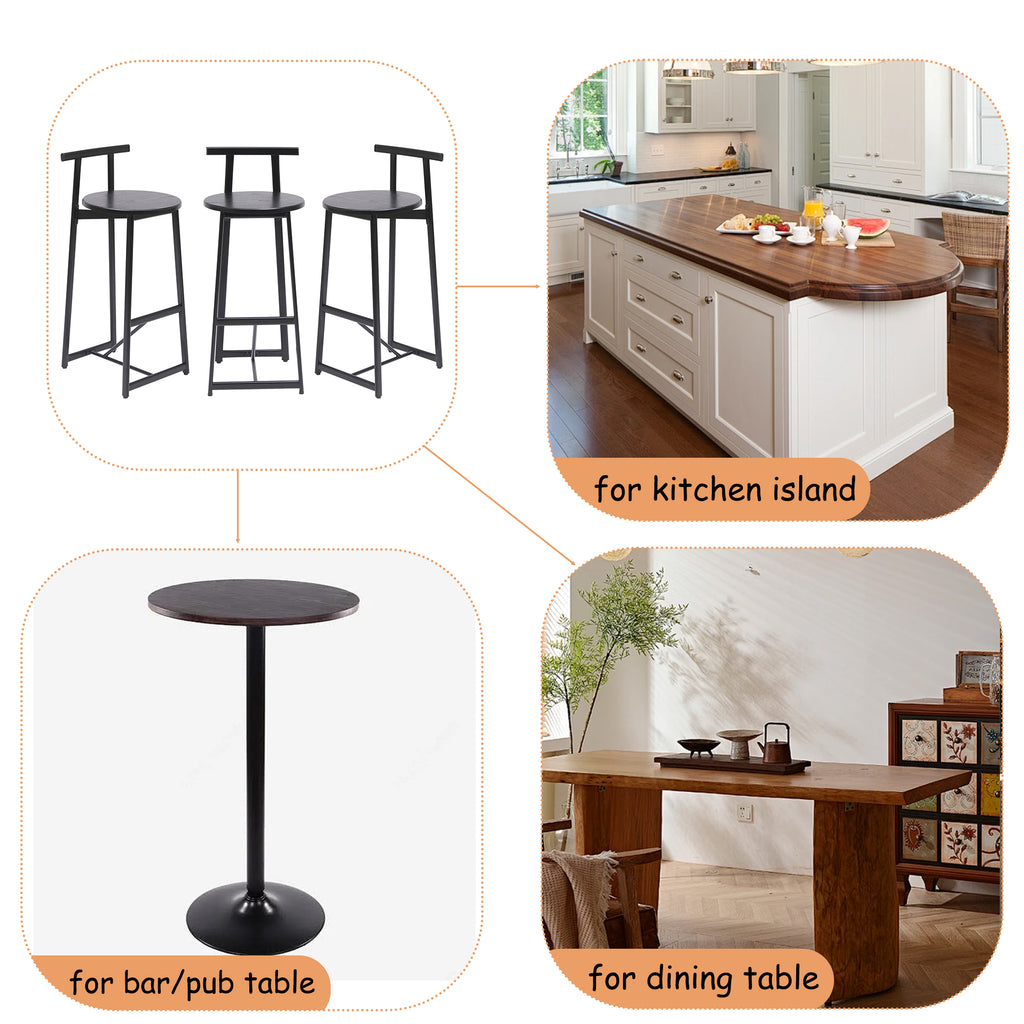 27''H Barstool Set of 3 Wooden Round Bar Stools with Footrest