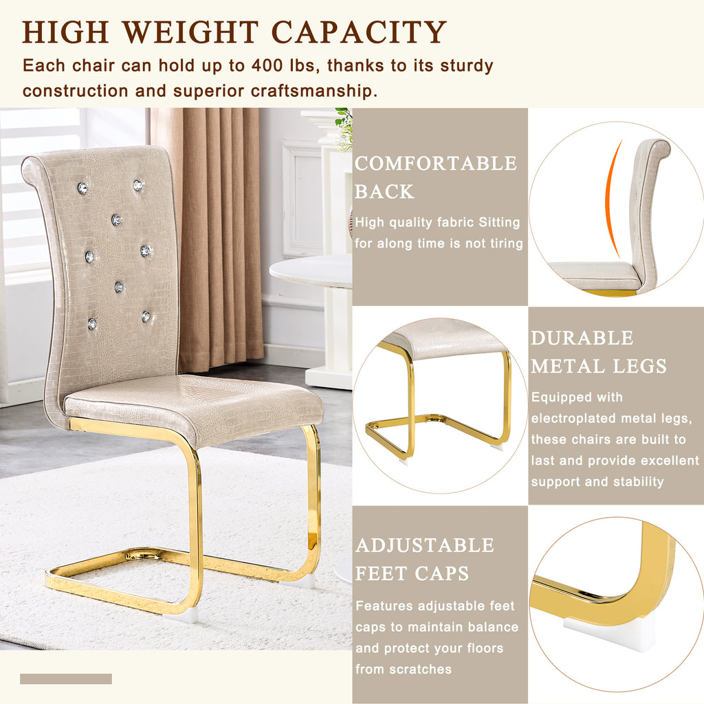 Set of 4 Retro Alligator Skin Dining Chairs, Beige Faux Leather with Crystal Buckles