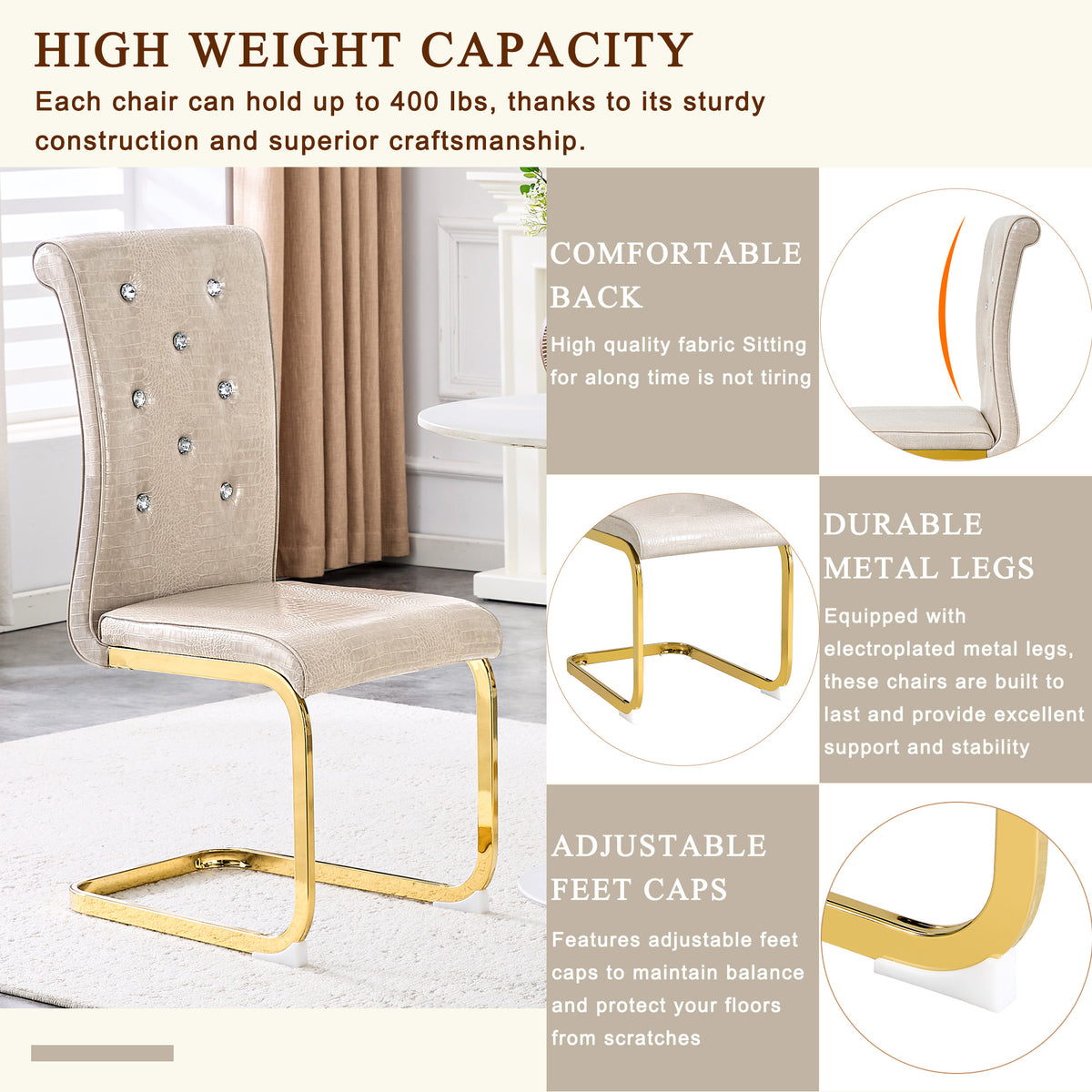 Set of 4 Retro Alligator Skin Dining Chairs, Beige Faux Leather with Crystal Buckles