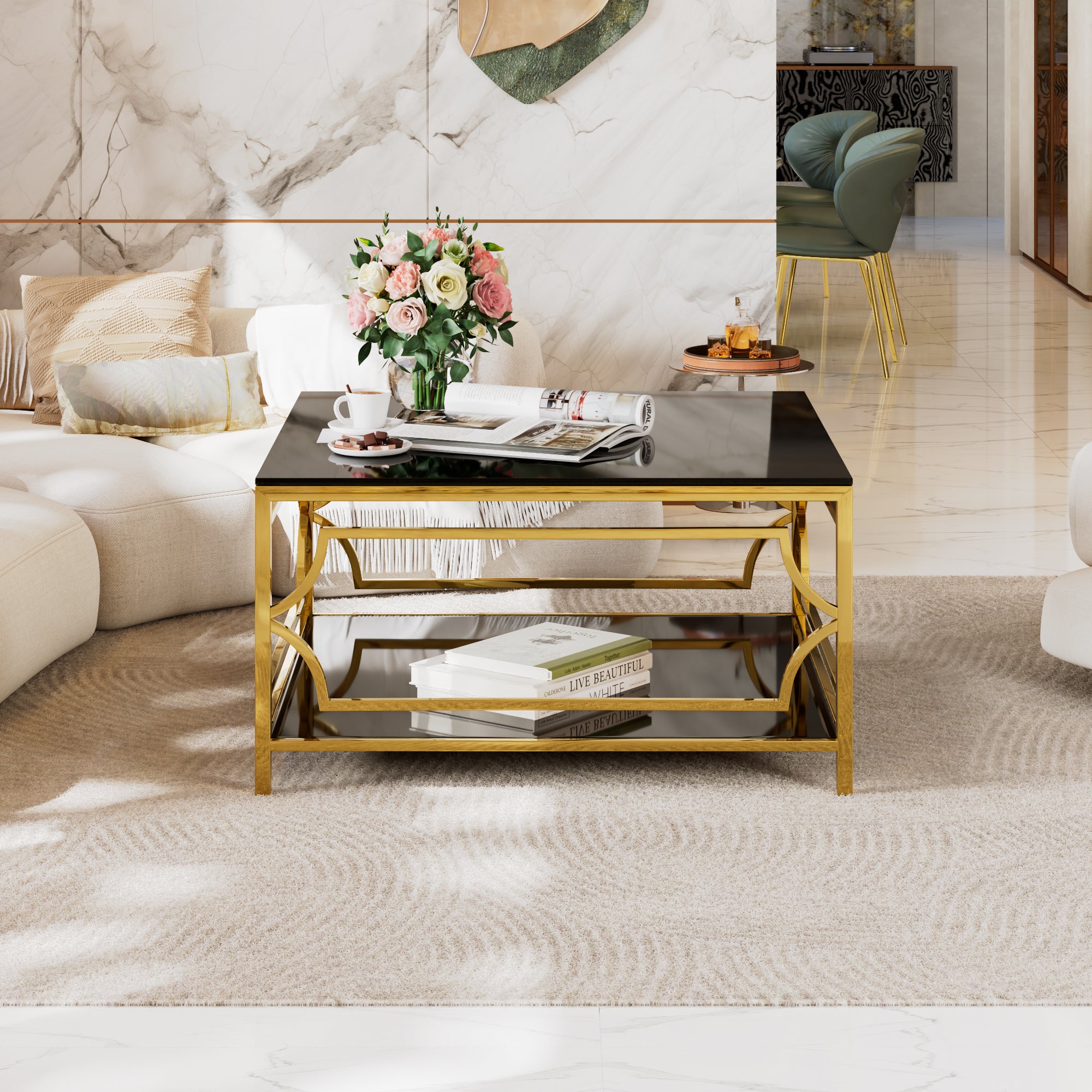 Square Glass Coffee Table in 33.5" with Luxurious Geometric Metal Frame