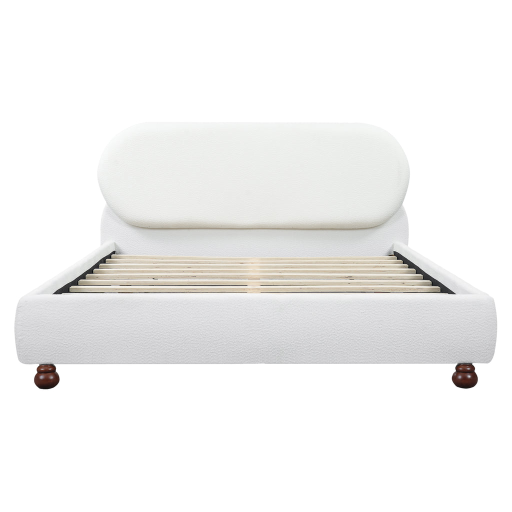 Cream-colored Boucle Upholstered Bed with Rubber Wood Foot, Queen