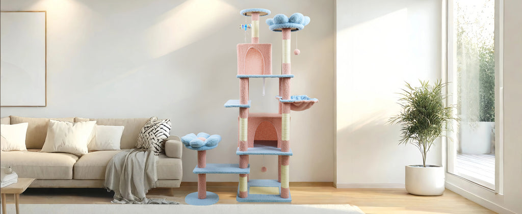 71-Inch Flower Cat Tree with Large Condo, Removable Cushion, and Hammock, Blue