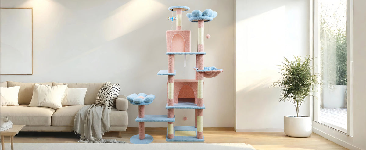 71-Inch Flower Cat Tree with Large Condo, Removable Cushion, and Hammock, Blue