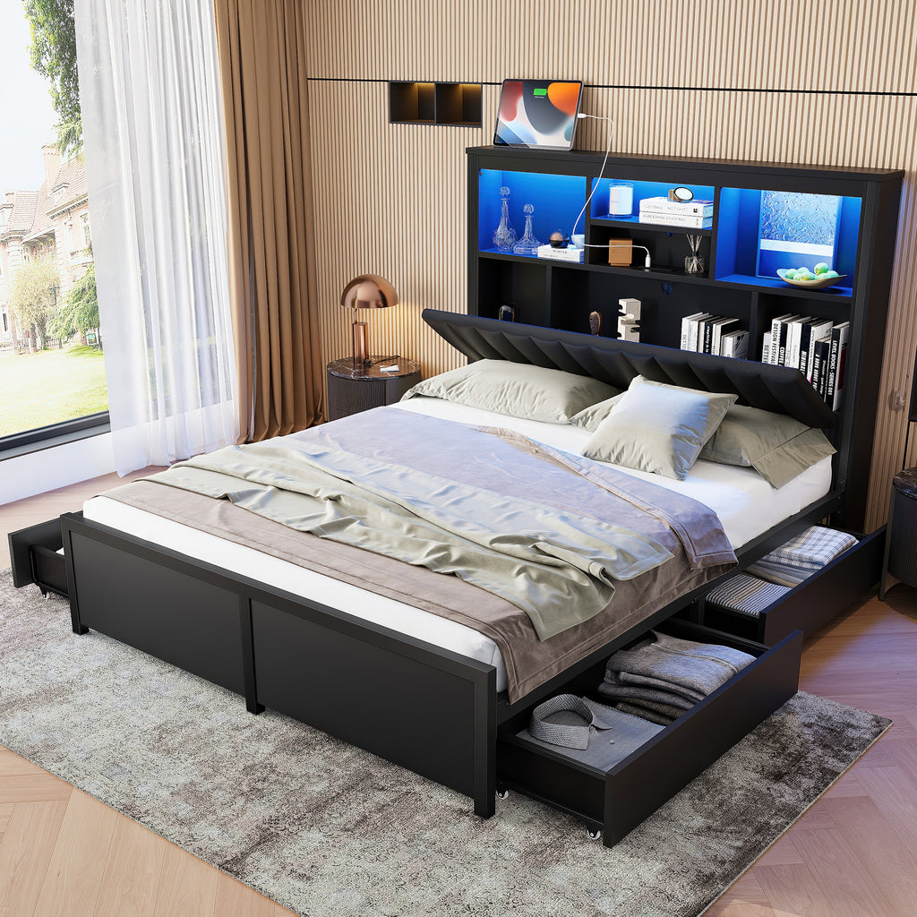 King Bed Frame with High Storage Headboard