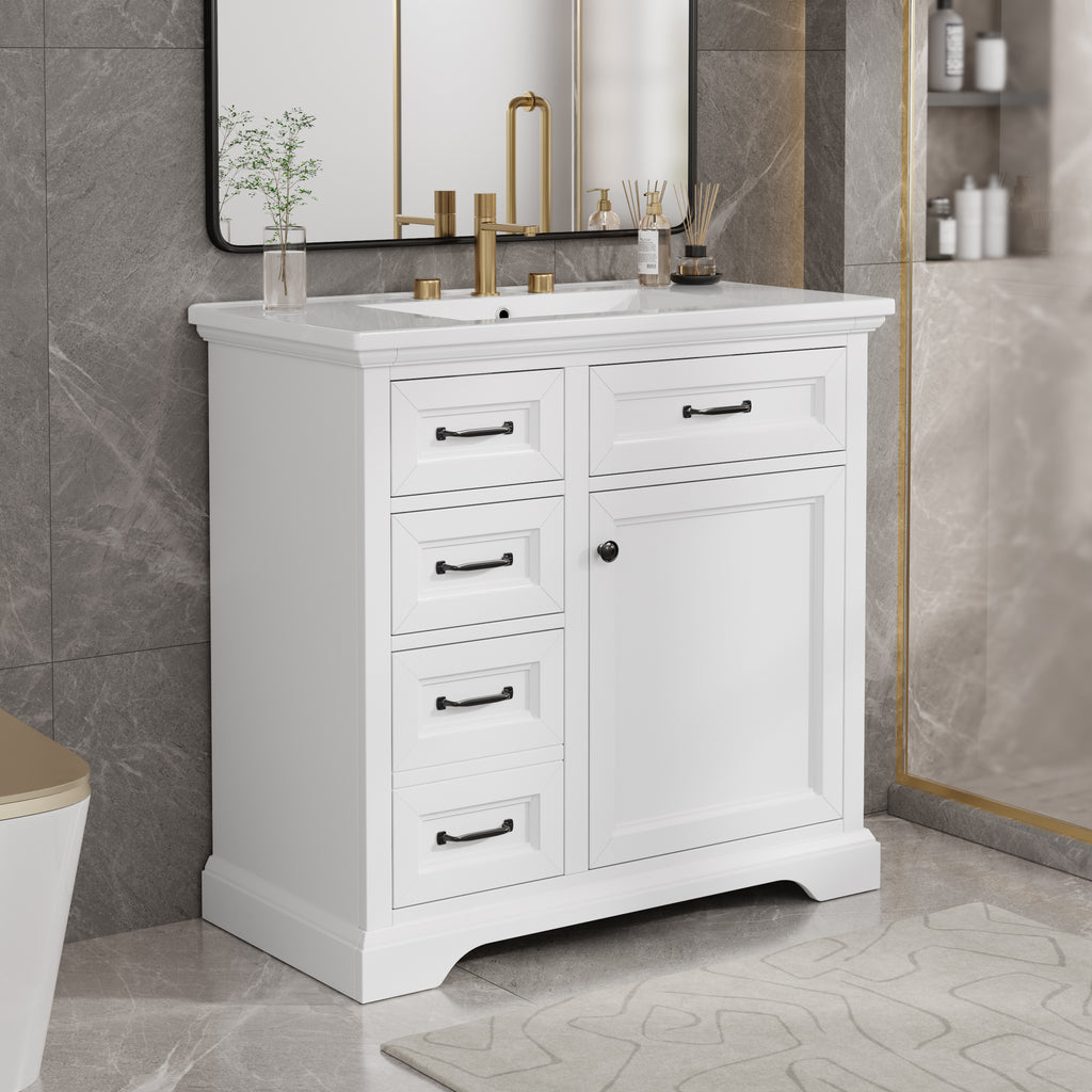 36-Inch Bathroom Vanity with Ceramic Sink Top, 4 Drawers and 1 Soft-Close Door