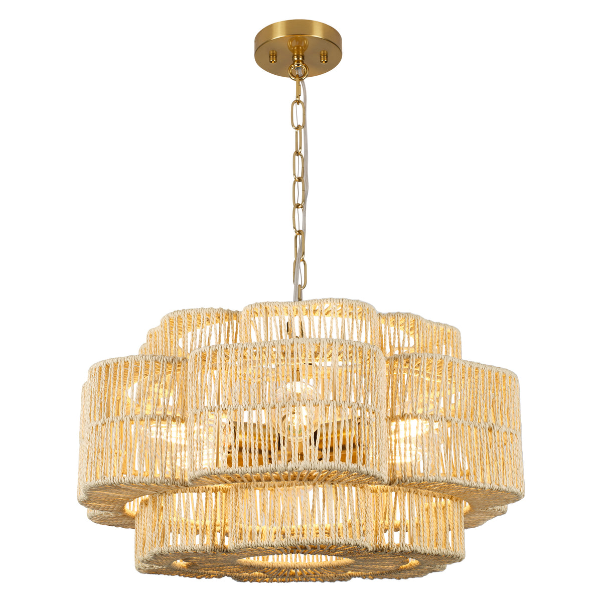 21.65-Inch 2-Tier Paper Rope Chandelier, Black Metal, 6-Light Pendant