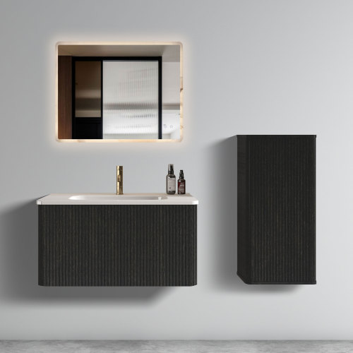 Black Striped Floating Bathroom Side Cabinet, 14-Inch, Wall-Mounted