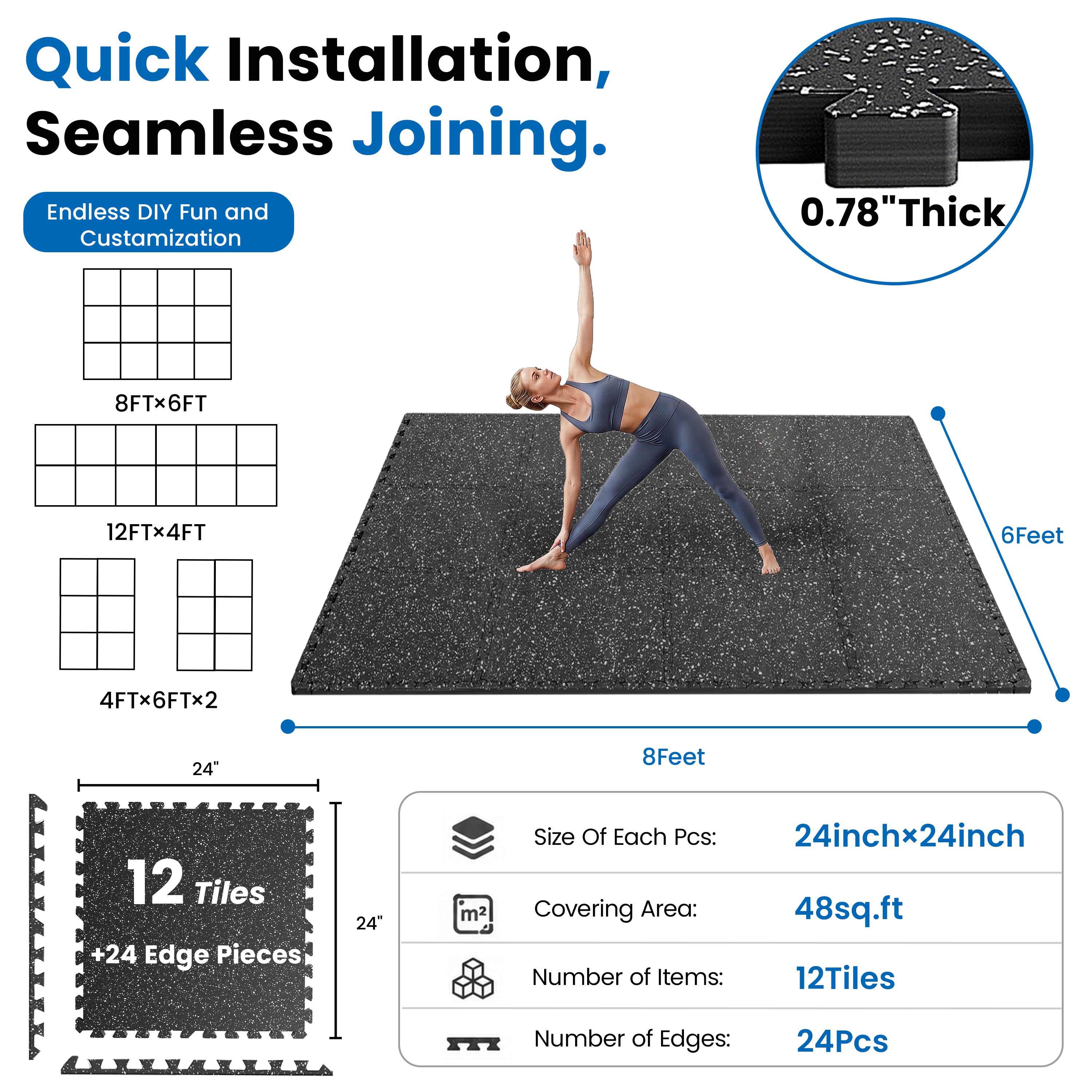 0.79 Inch Thick Gym Floor Mats, 12 Tiles
