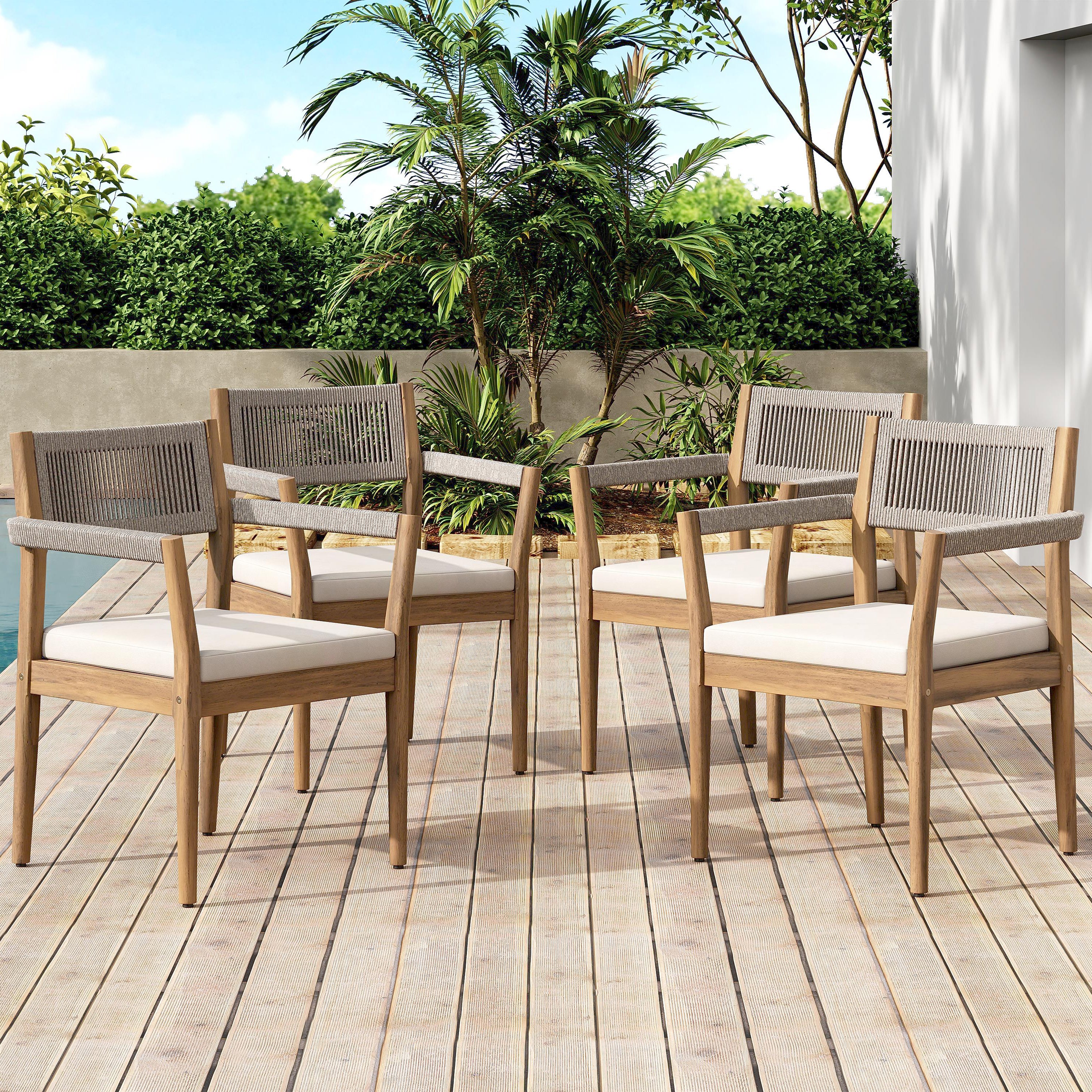 Braided Acacia Wood Outdoor Dining Chairs Set of 2