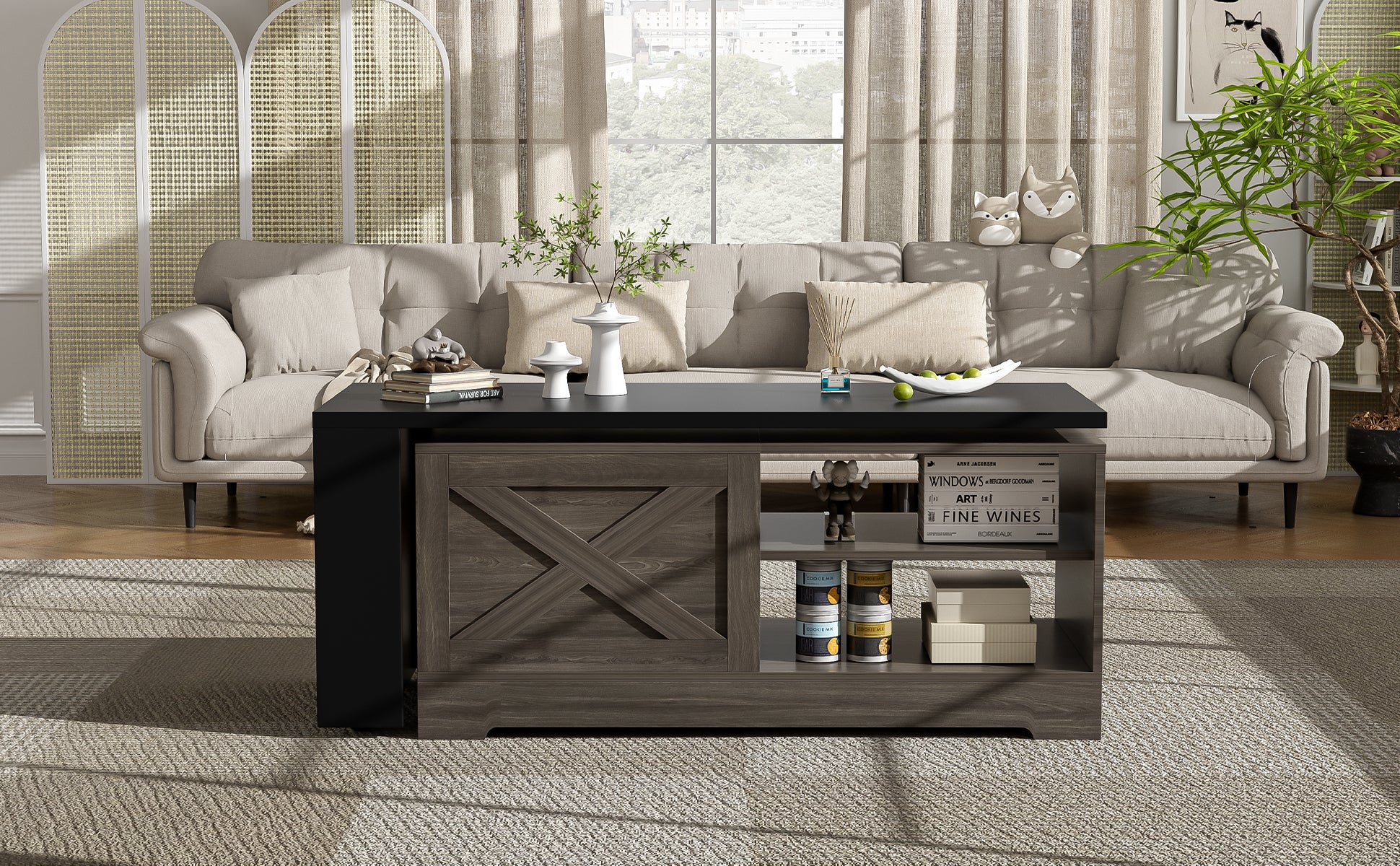 U-Can Farmhouse Lift Top Coffee Table With Barn Doors