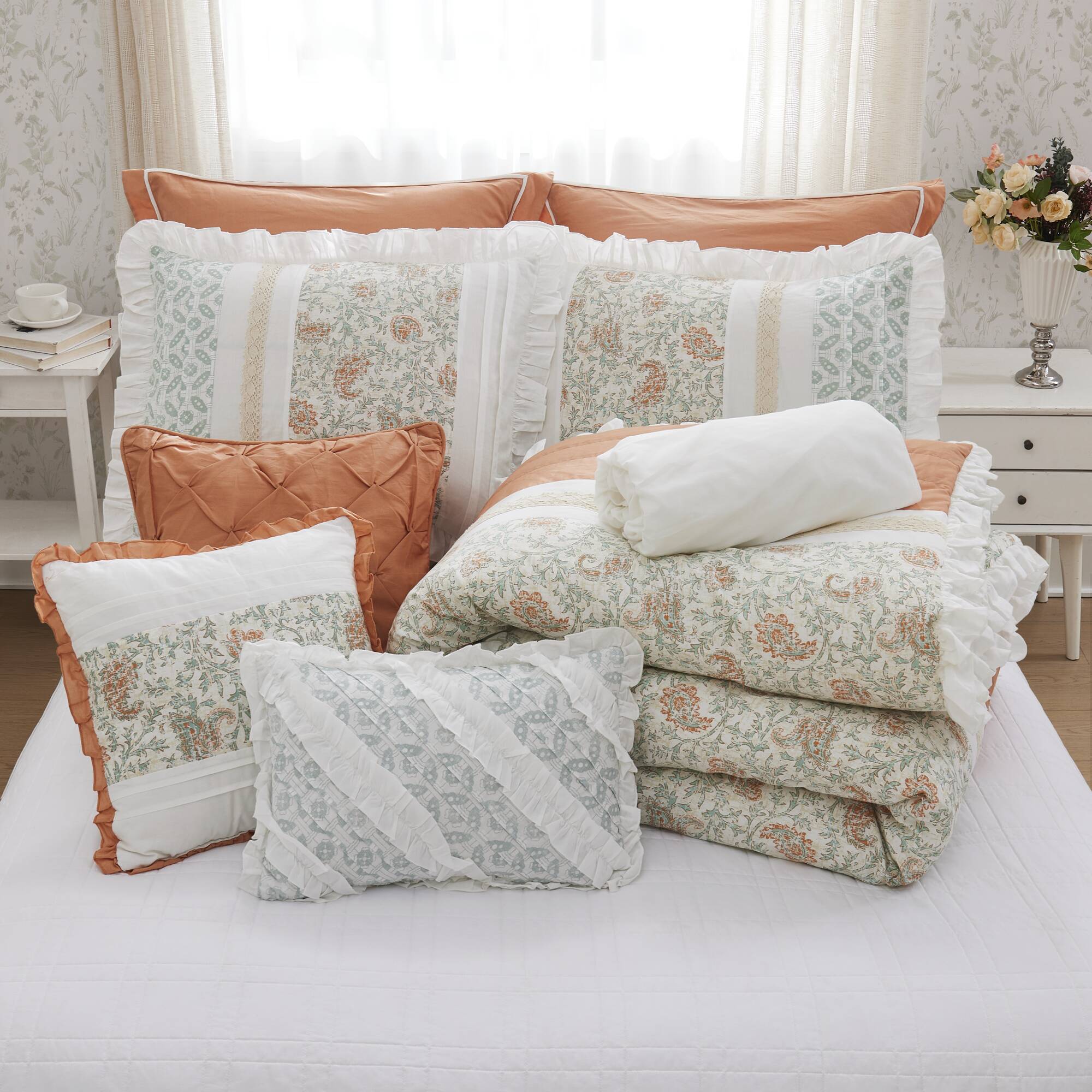 9 Piece Cotton Percale Comforter Set Coral King