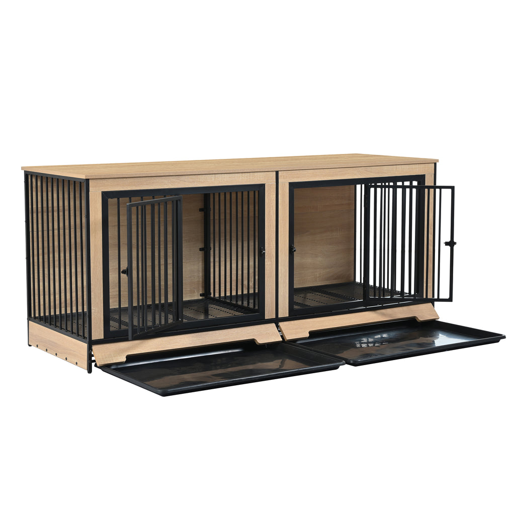 Wooden Dog Crate Furniture with Two Combined Rooms for Medium to Large Dogs