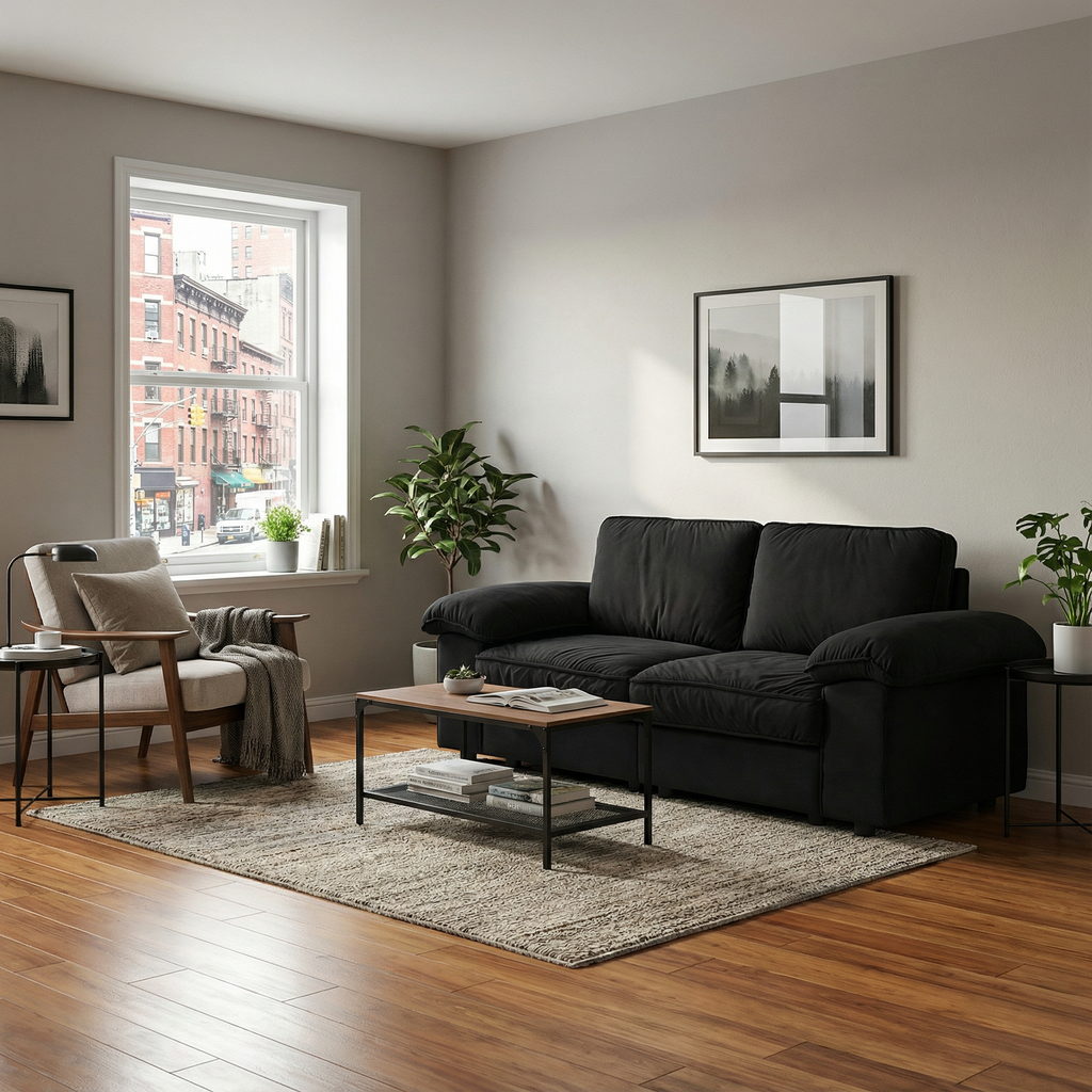 Compact Black Velvet 2-Seater Sofa with Hidden Storage