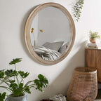 Round Decorative Wall Mirror with Woven Rattan-Textured Frame