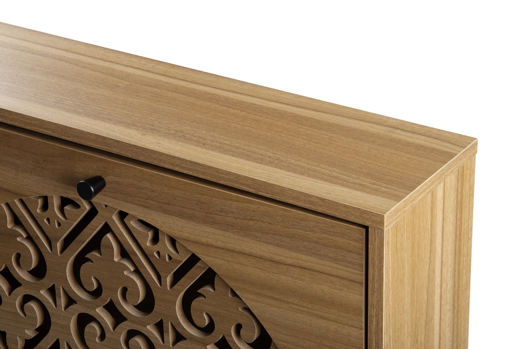 Japandi Narrow Shoe Cabinet with Carved Floral Pattern
