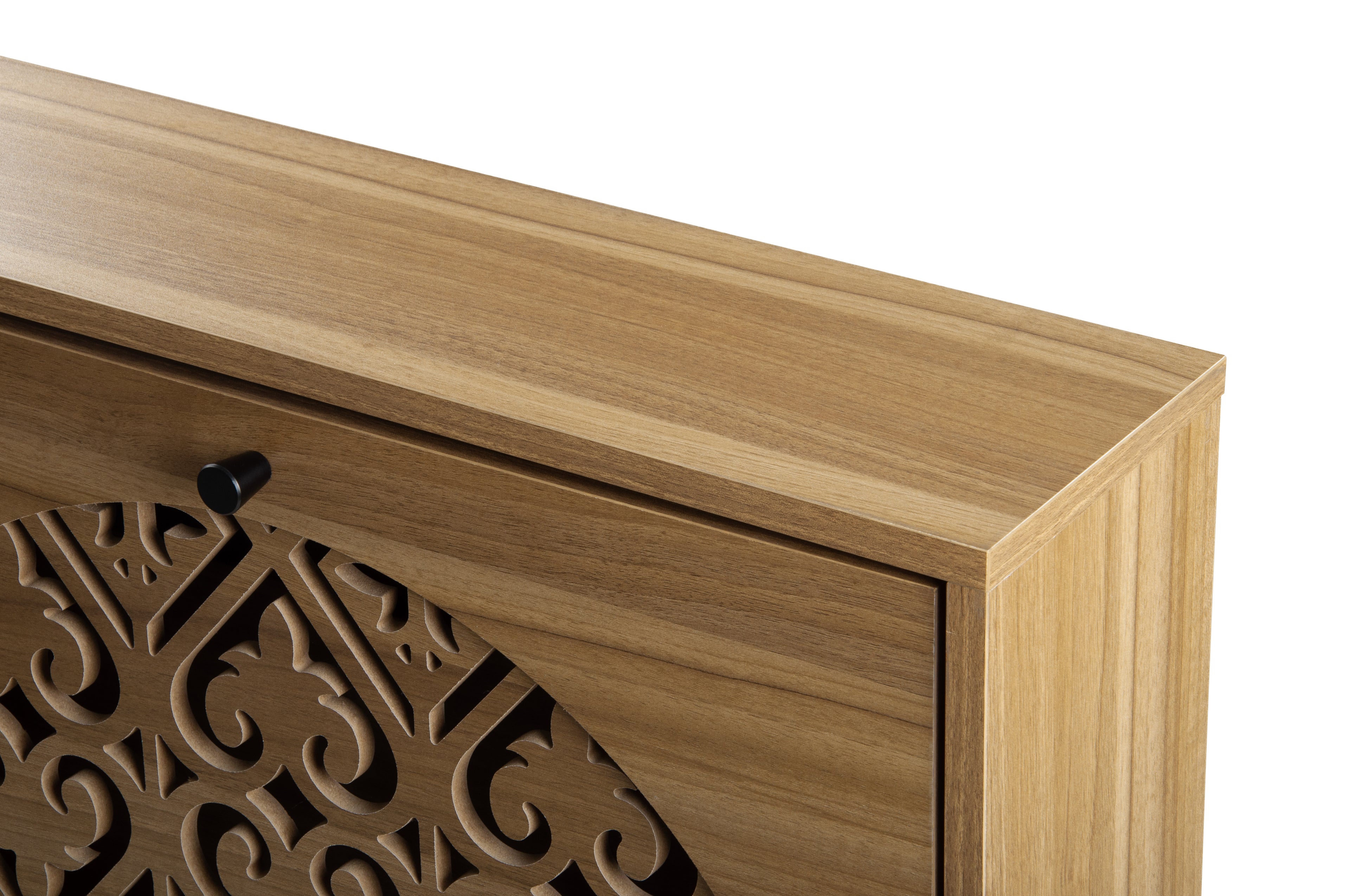 Japandi Narrow Shoe Cabinet with Carved Floral Pattern