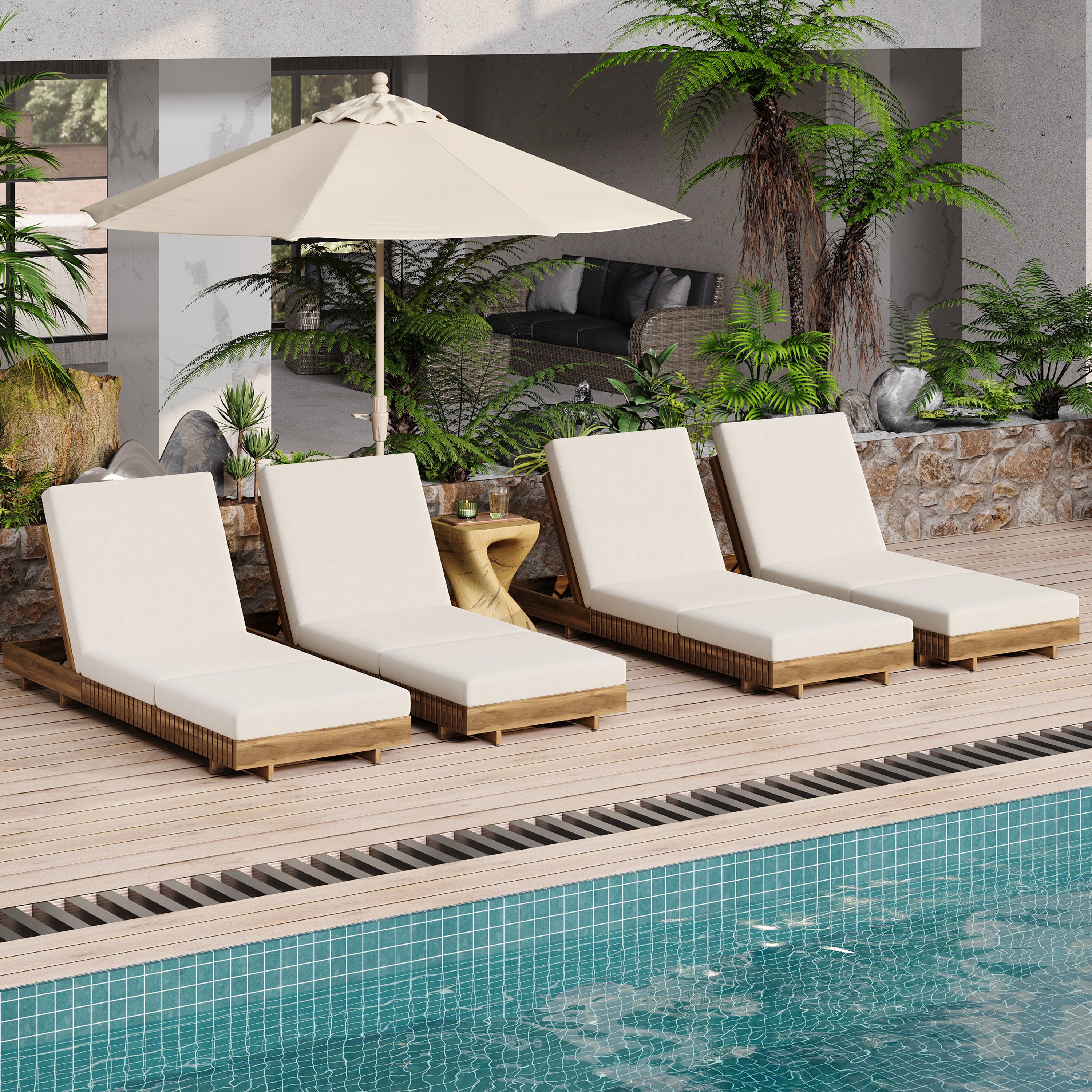 Acacia Solid Wood Lounge Chaise Set with Cream Cushion