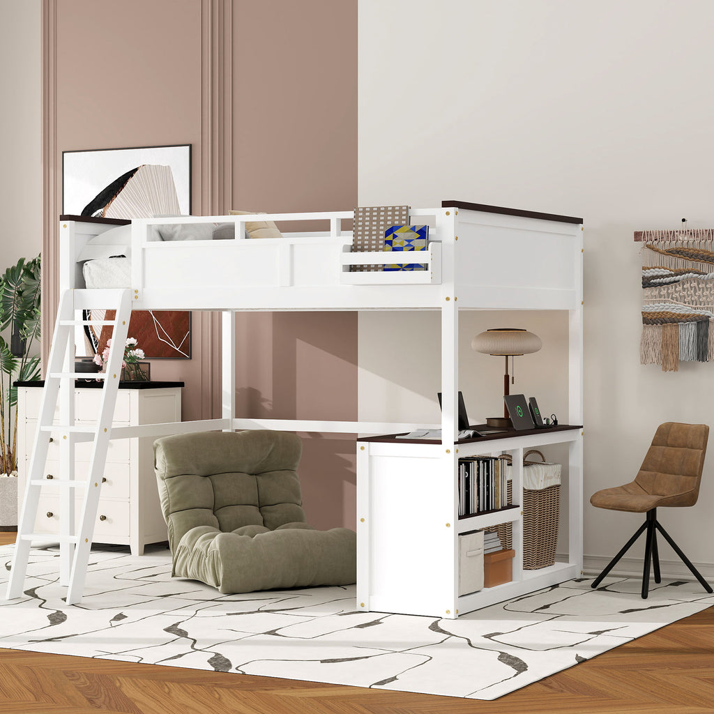 Queen Size Loft Bed With Desk, Open Shelf And Storage Box