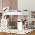 Queen Size Loft Bed With Desk, Open Shelf And Storage Box