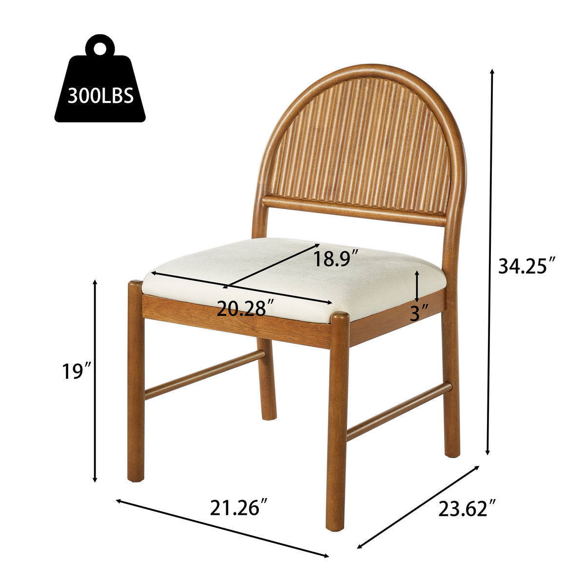 Rubber Wood Dining Chairs, Upholstered Kitchen Chairs with Fluted Backrest, Mid Century Dining Room Chair with