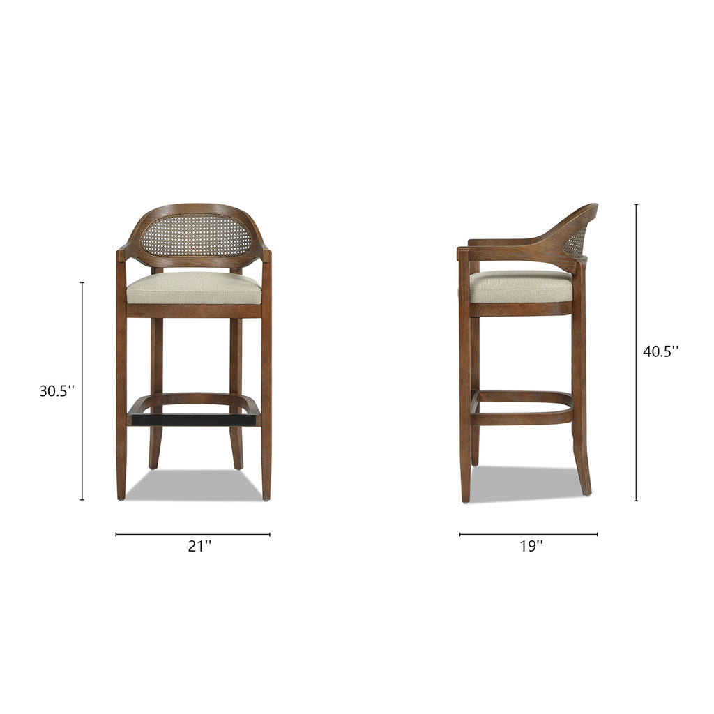 Americana Mid-Century Modern 30.5 Inch Cane Back Bar Stool, Beige