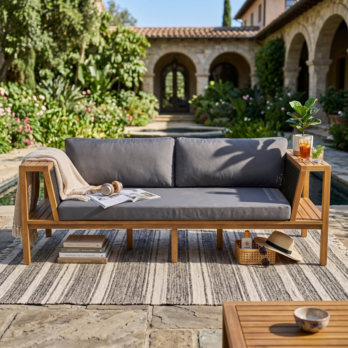 Teak Finish Acacia Wood Outdoor Daybed Sofa Set with Rope Panels, Grey Cushions